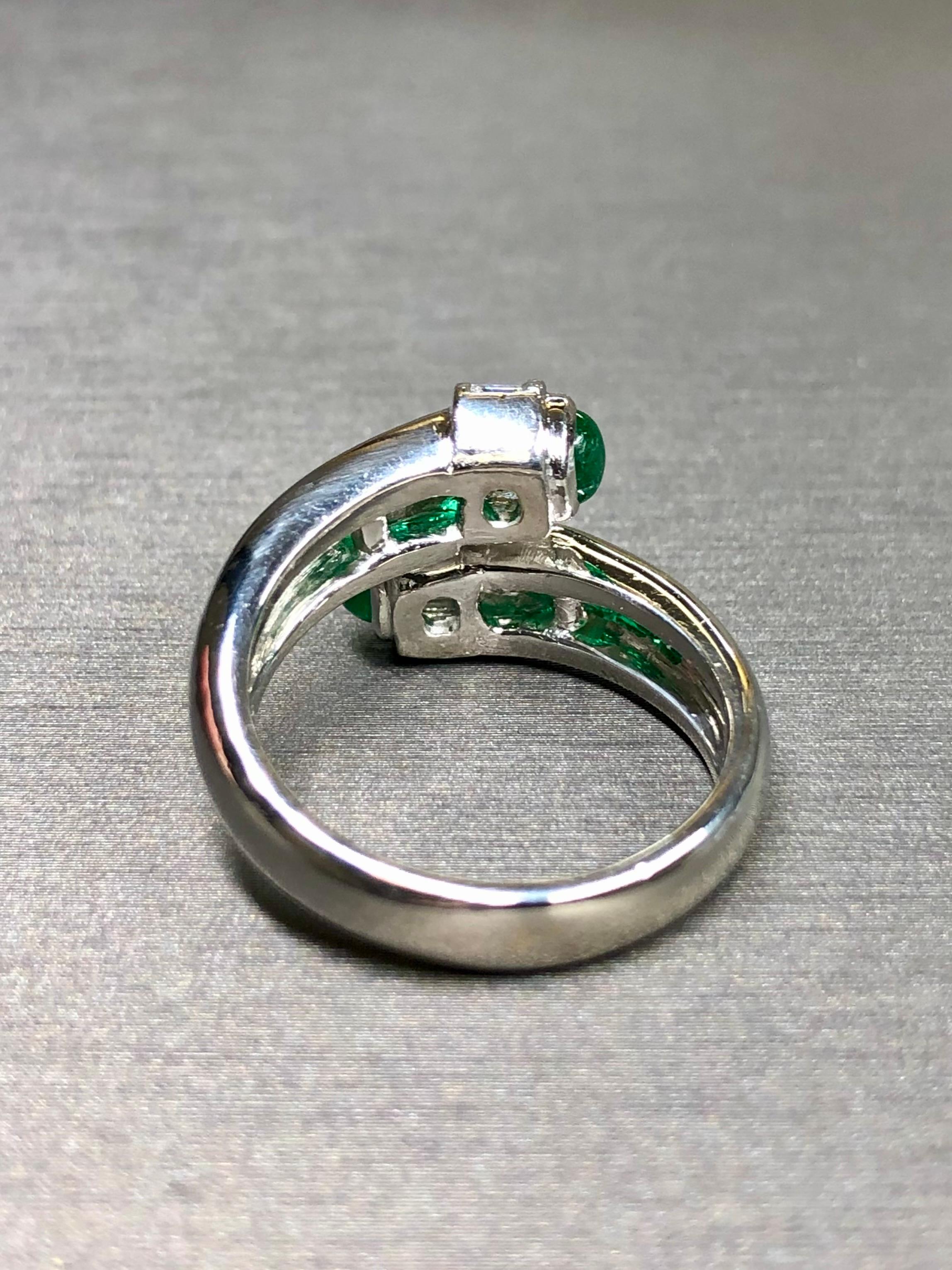 Estate Platinum Baguette Diamond Emerald Cabochon Bypass Crossover Ring 3.10ctw In Excellent Condition In Winter Springs, FL