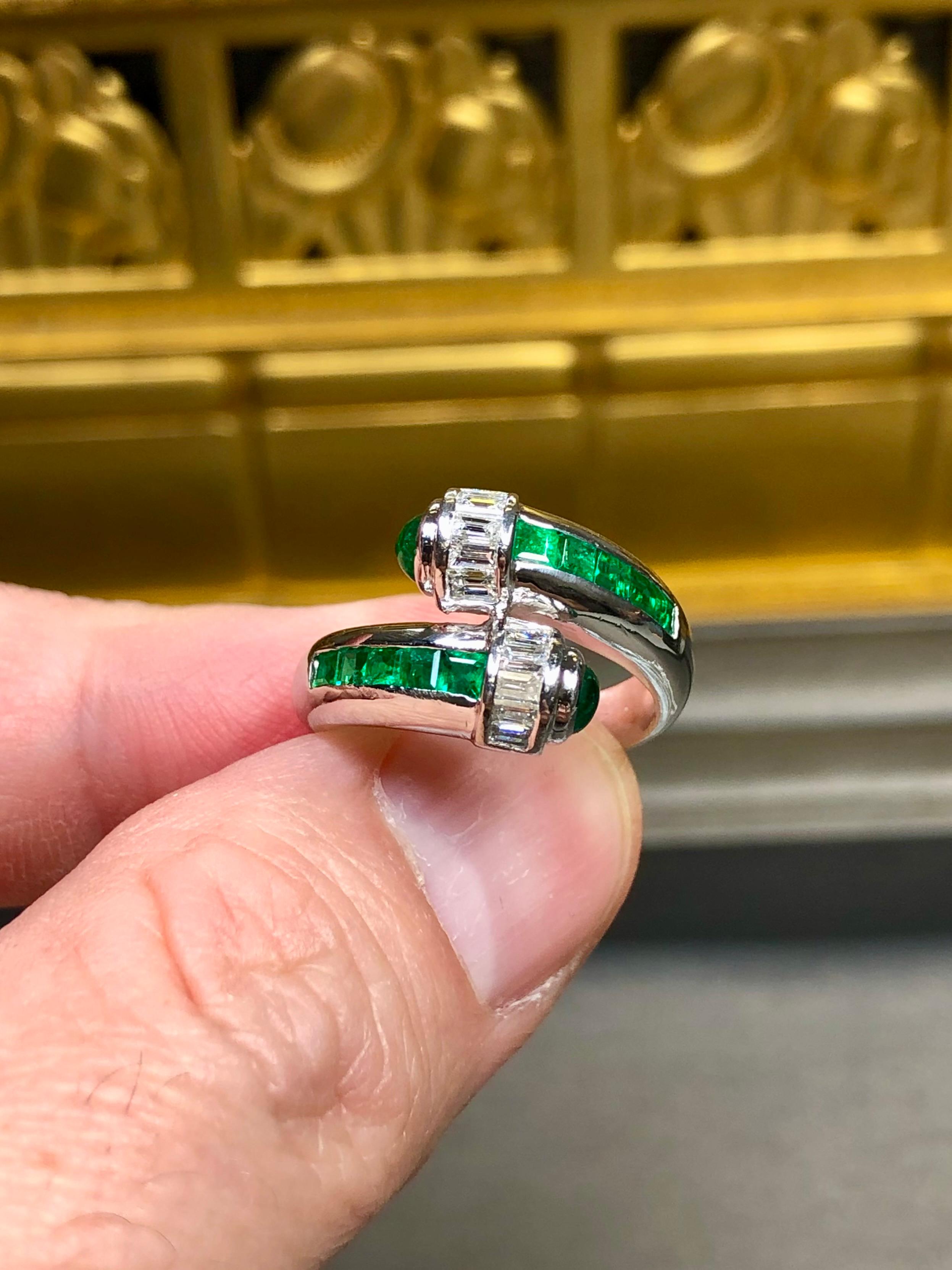 Women's or Men's Estate Platinum Baguette Diamond Emerald Cabochon Bypass Crossover Ring 3.10ctw