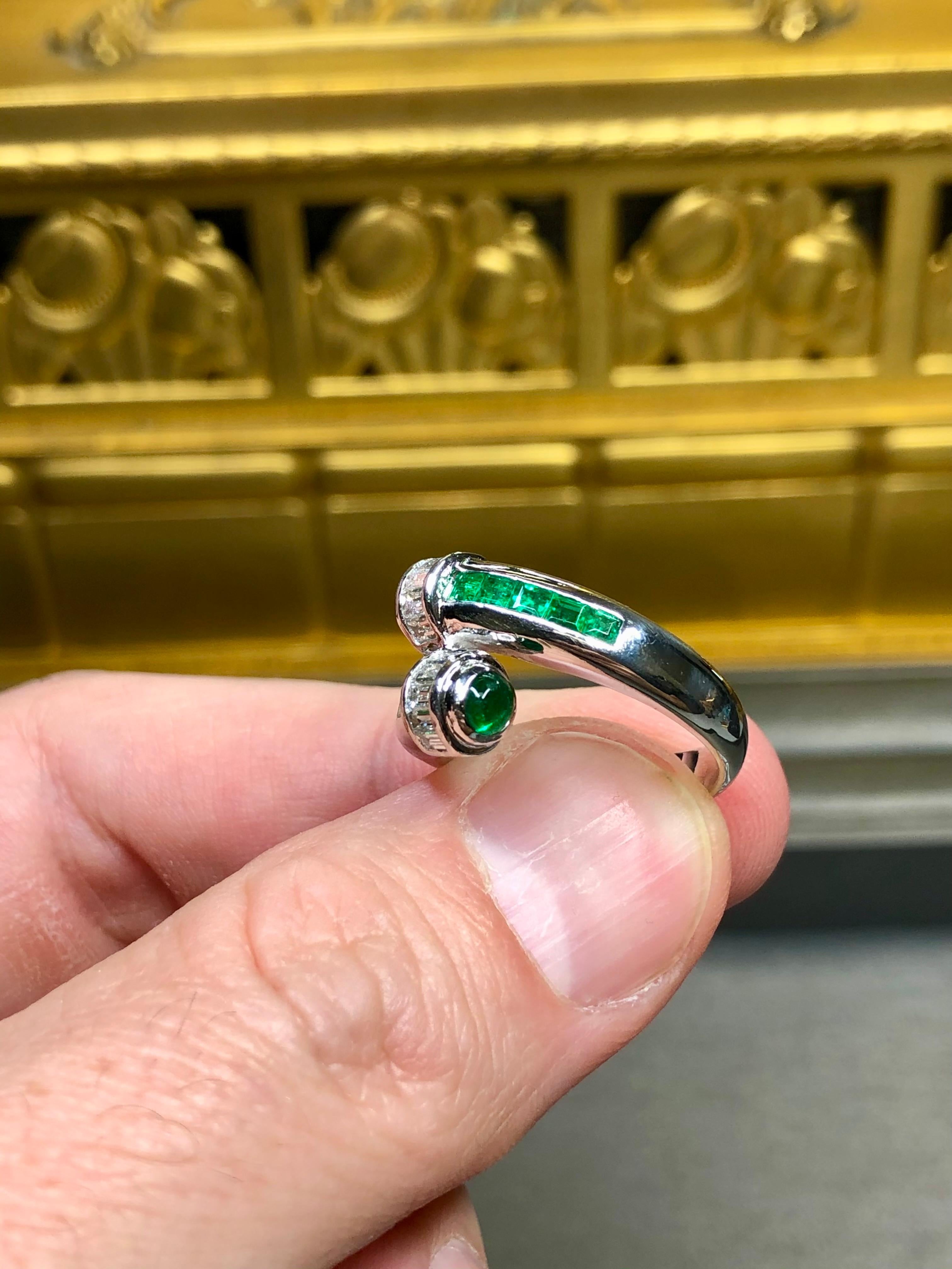 Estate Platinum Baguette Diamond Emerald Cabochon Bypass Crossover Ring 3.10ctw 2