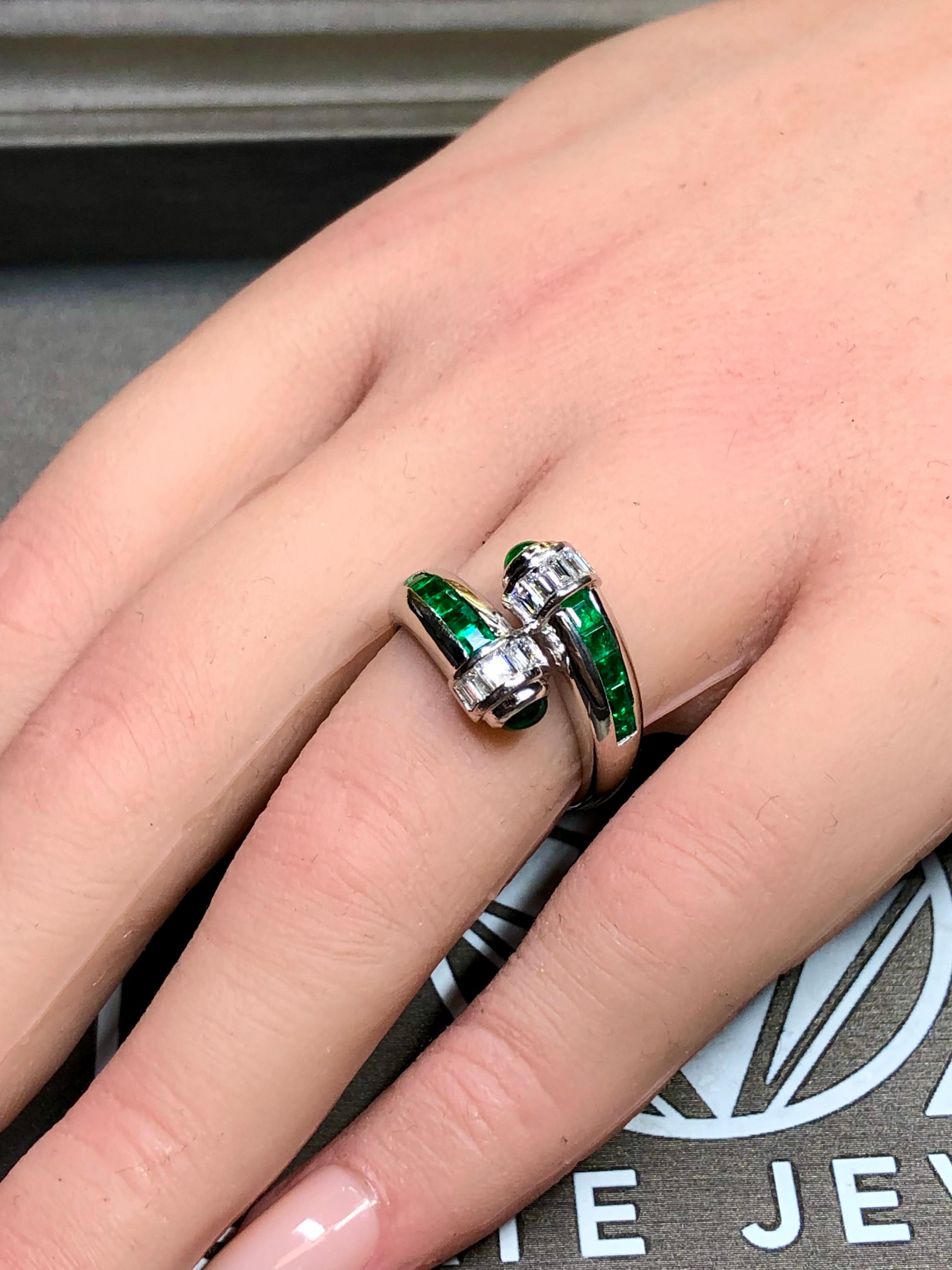 Estate Platinum Baguette Diamond Emerald Cabochon Bypass Crossover Ring 3.10ctw 3