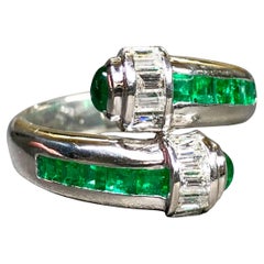 Estate Platinum Baguette Diamond Emerald Cabochon Bypass Crossover Ring 3.10ctw