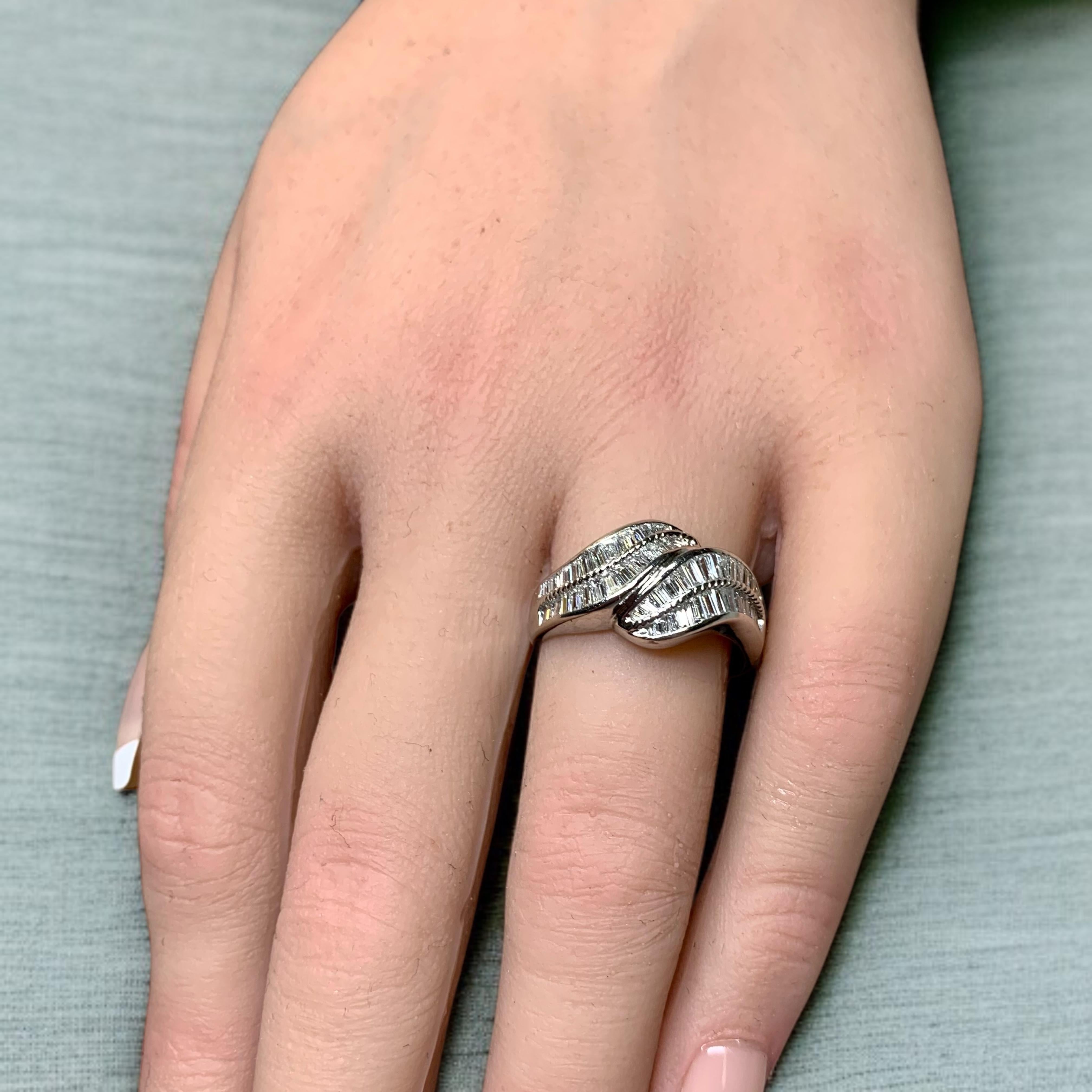 Women's or Men's Estate Platinum Baguette Diamond Leaf Crossover Bypass Ring Sz 7.75 For Sale