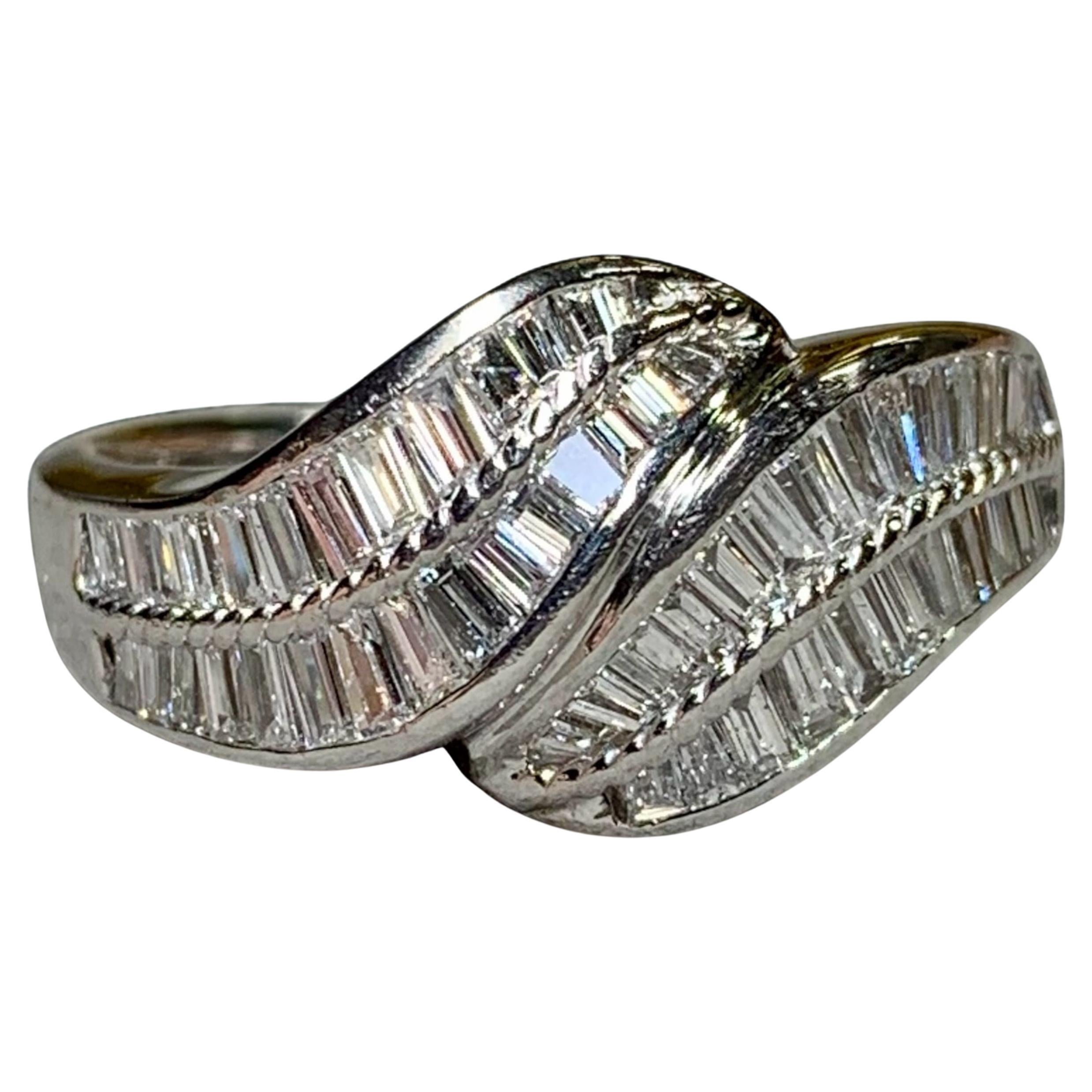 Estate Platinum Baguette Diamond Leaf Crossover Bypass Ring Sz 7.75 For Sale
