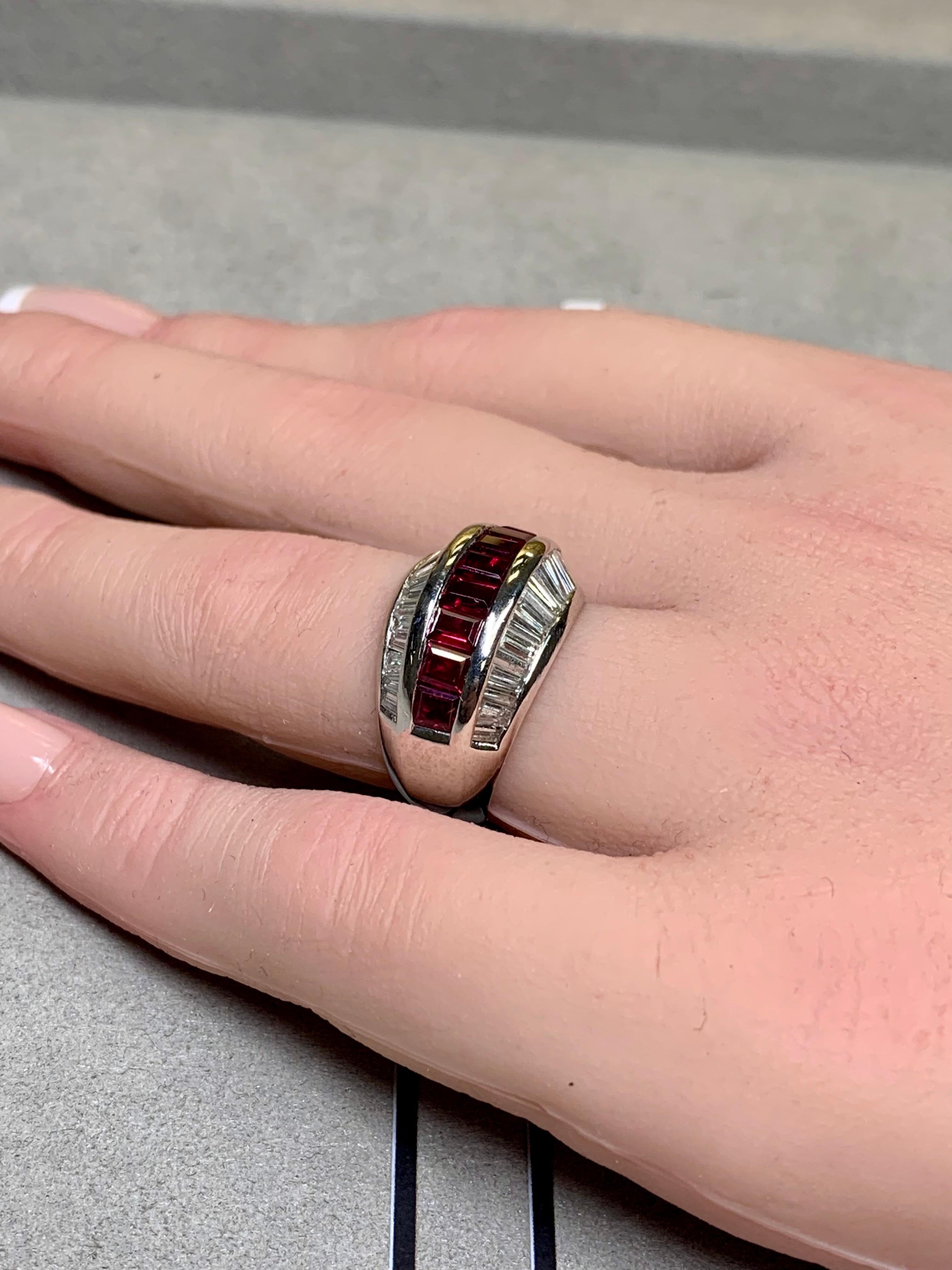 Estate Platinum Baguette Diamond Ruby 3 Row Cocktail Band Ring 5.40ctw Sz 7 4