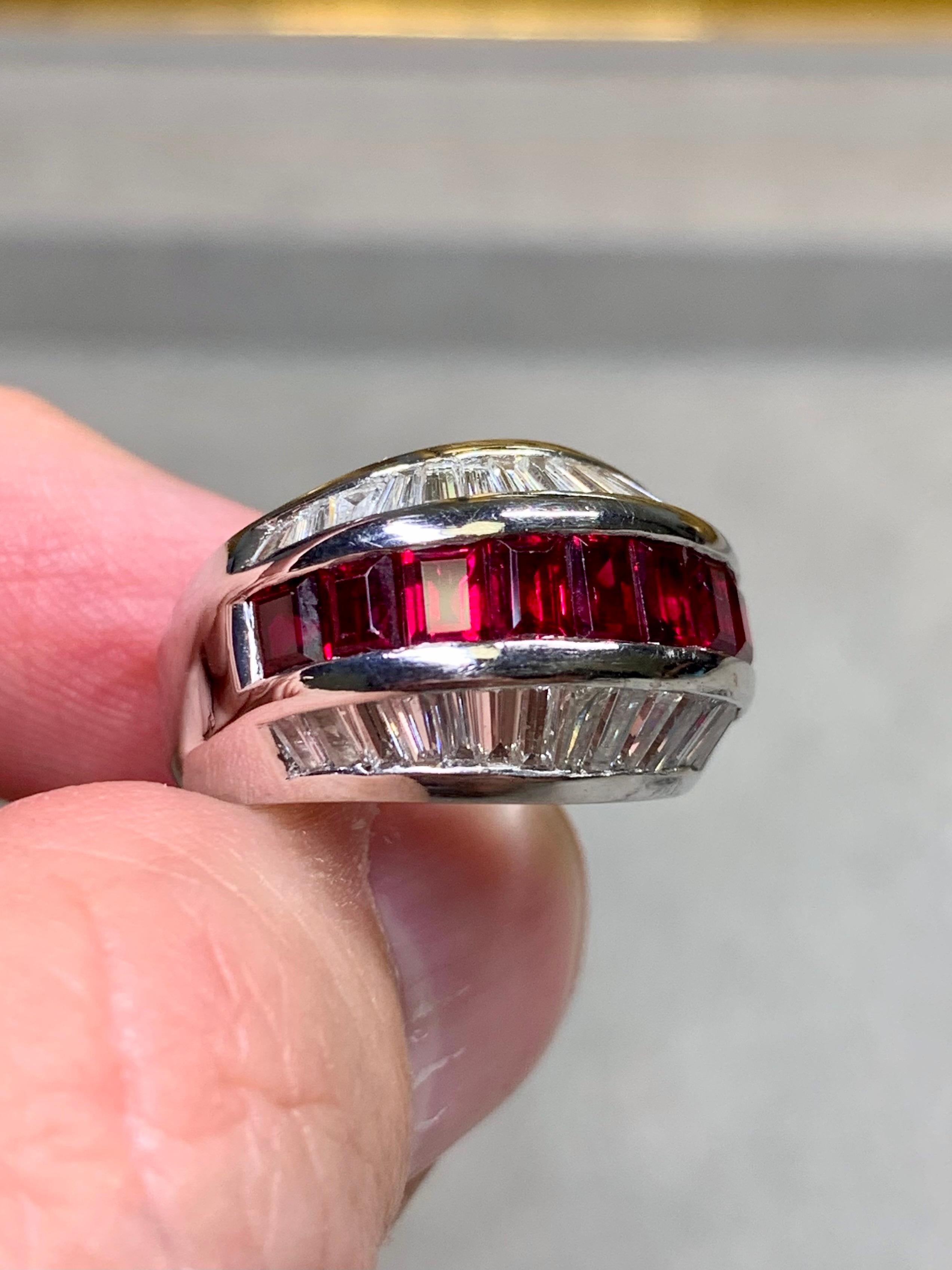 Contemporary Estate Platinum Baguette Diamond Ruby 3 Row Cocktail Band Ring 5.40ctw Sz 7