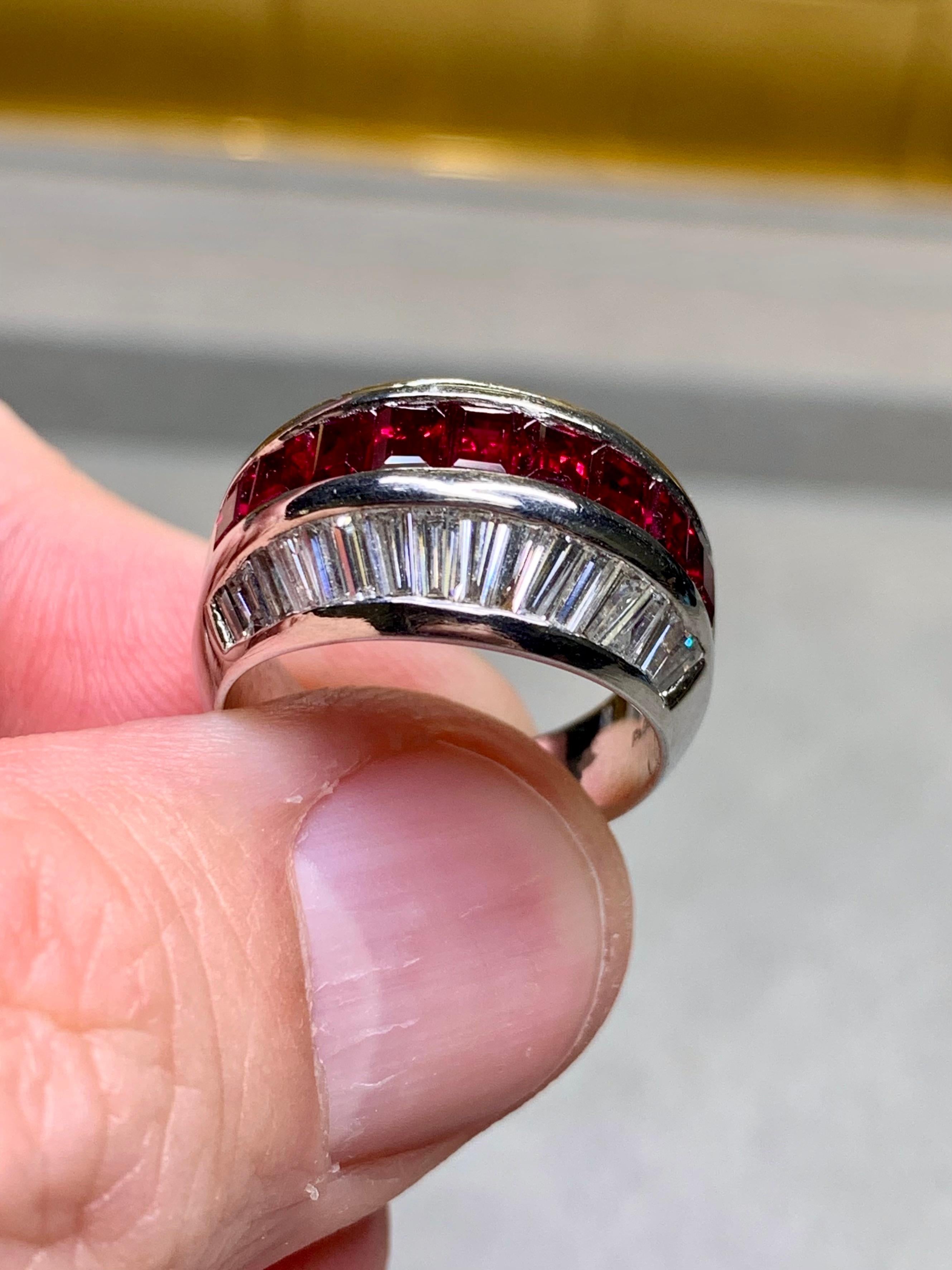 Baguette Cut Estate Platinum Baguette Diamond Ruby 3 Row Cocktail Band Ring 5.40ctw Sz 7