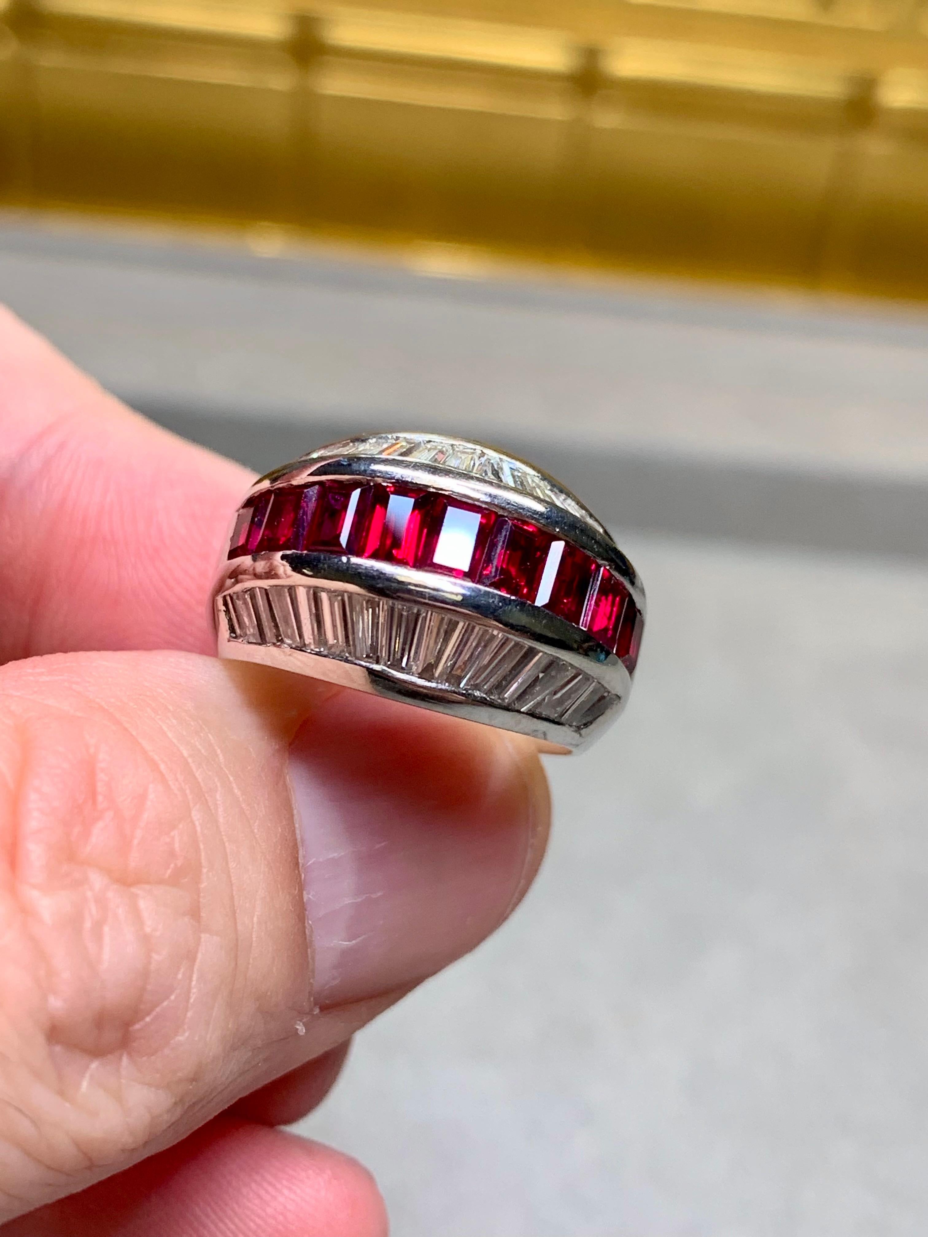 Estate Platinum Baguette Diamond Ruby 3 Row Cocktail Band Ring 5.40ctw Sz 7 In Good Condition In Winter Springs, FL