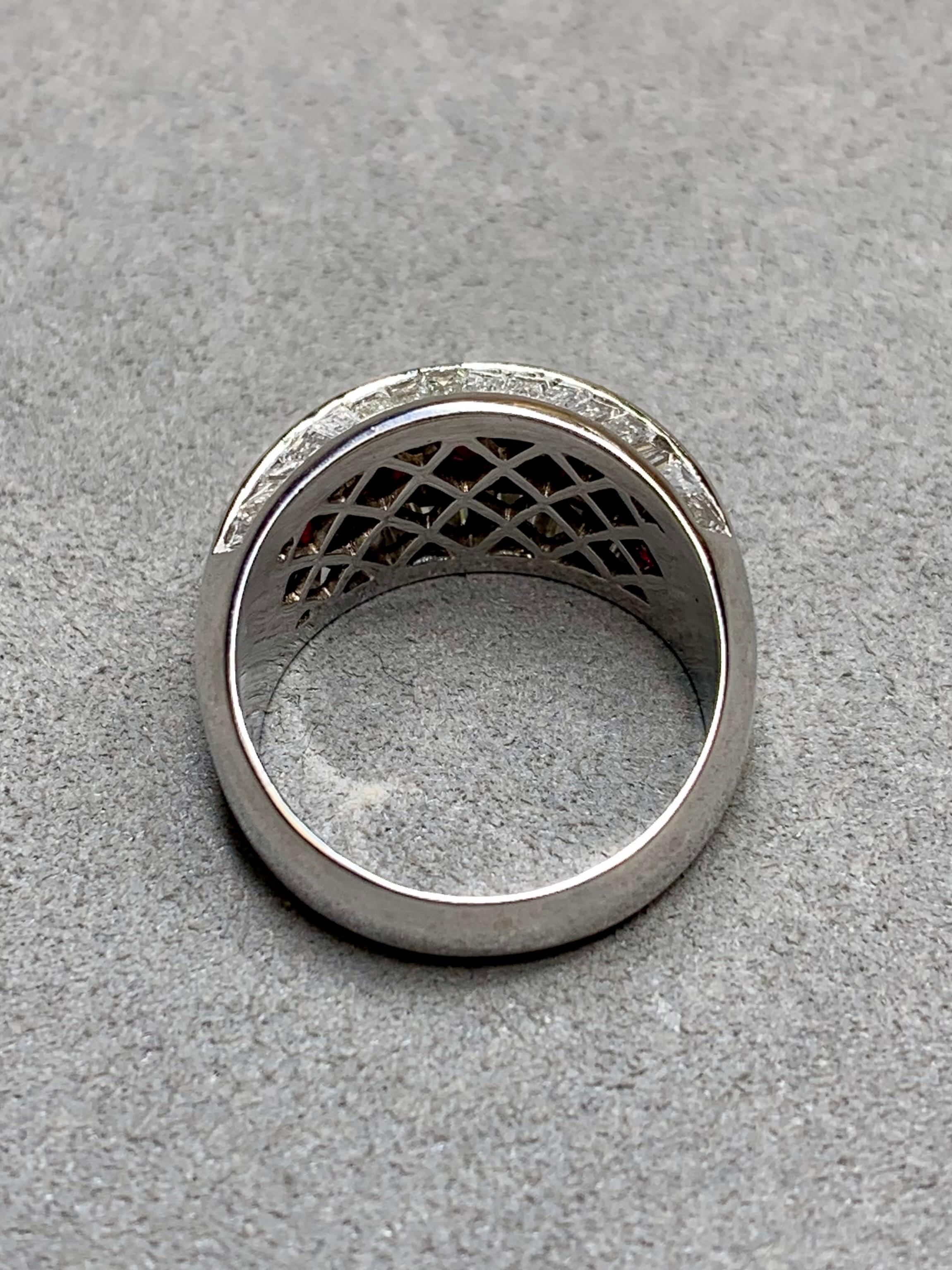 Women's or Men's Estate Platinum Baguette Diamond Ruby 3 Row Cocktail Band Ring 5.40ctw Sz 7