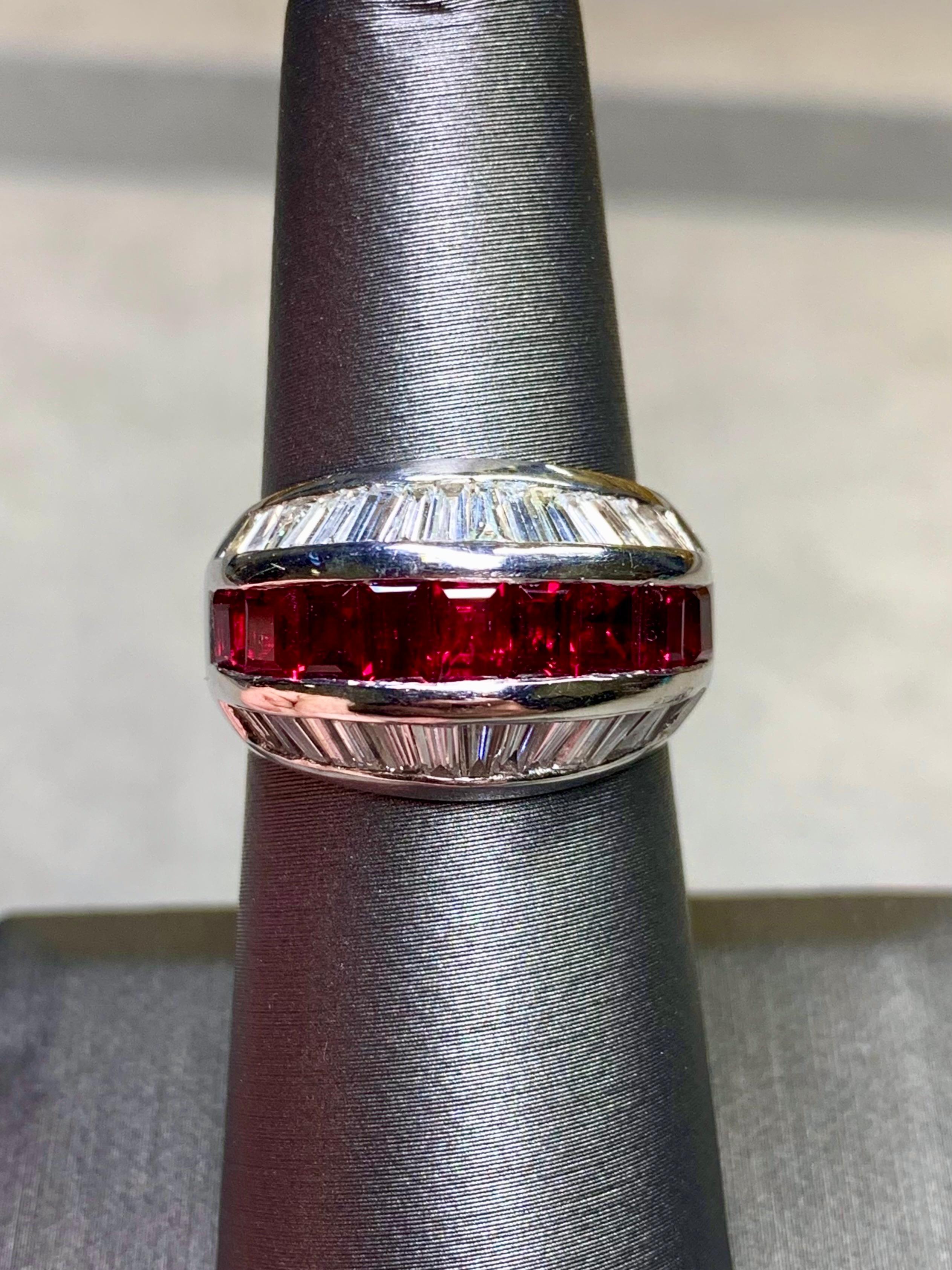 Estate Platinum Baguette Diamond Ruby 3 Row Cocktail Band Ring 5.40ctw Sz 7 1