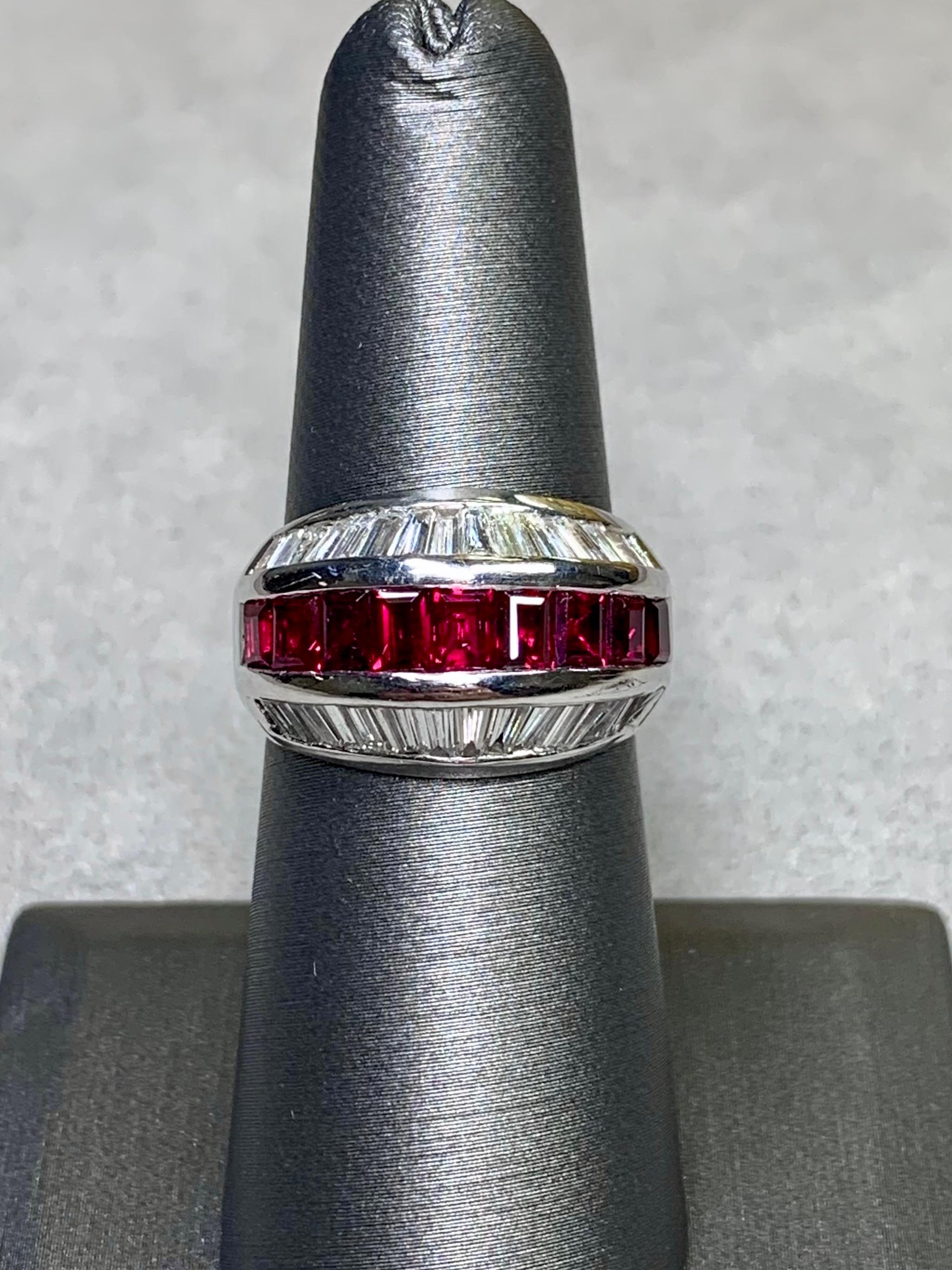 Estate Platinum Baguette Diamond Ruby 3 Row Cocktail Band Ring 5.40ctw Sz 7 2