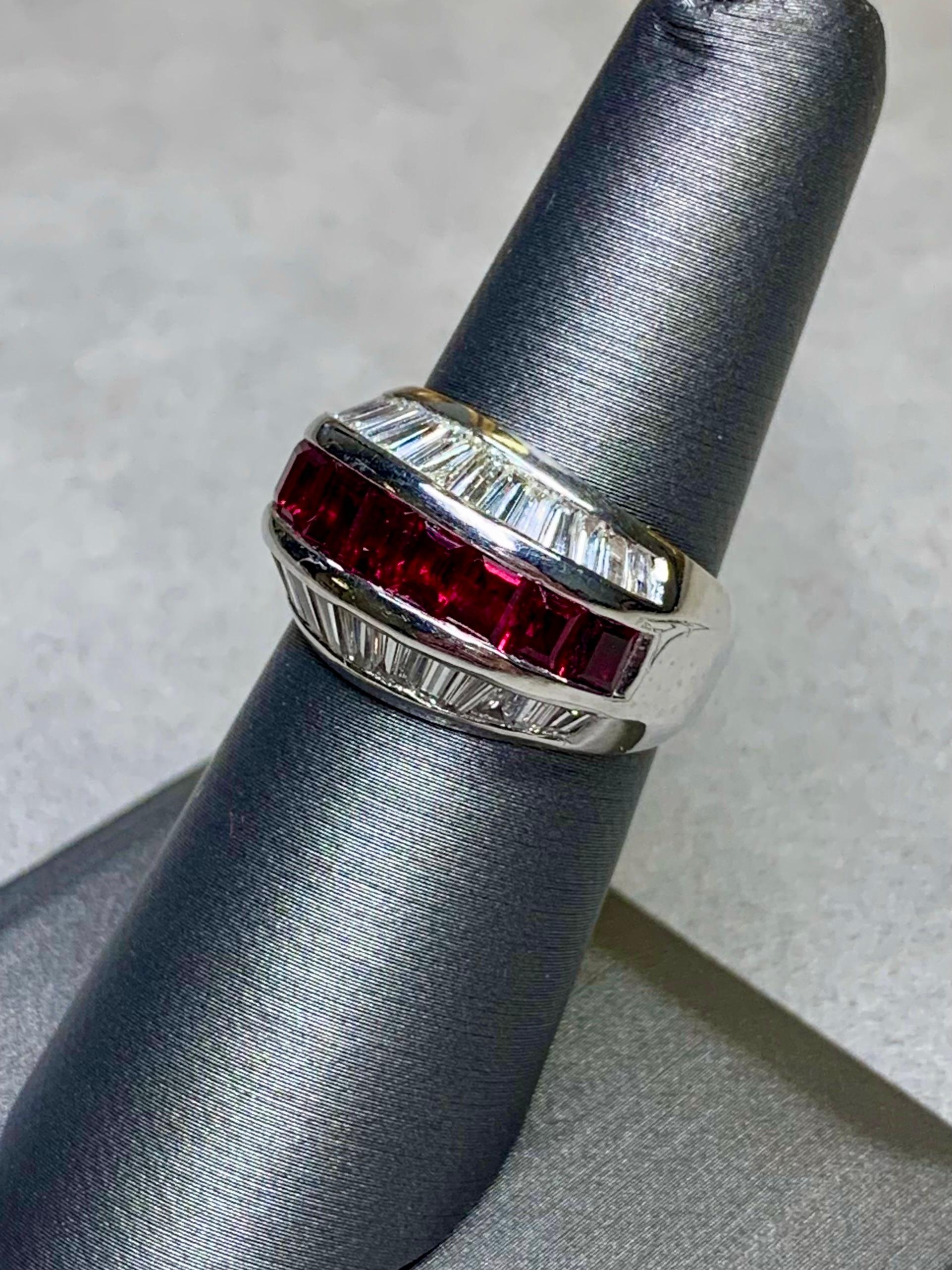 Estate Platinum Baguette Diamond Ruby 3 Row Cocktail Band Ring 5.40ctw Sz 7 3