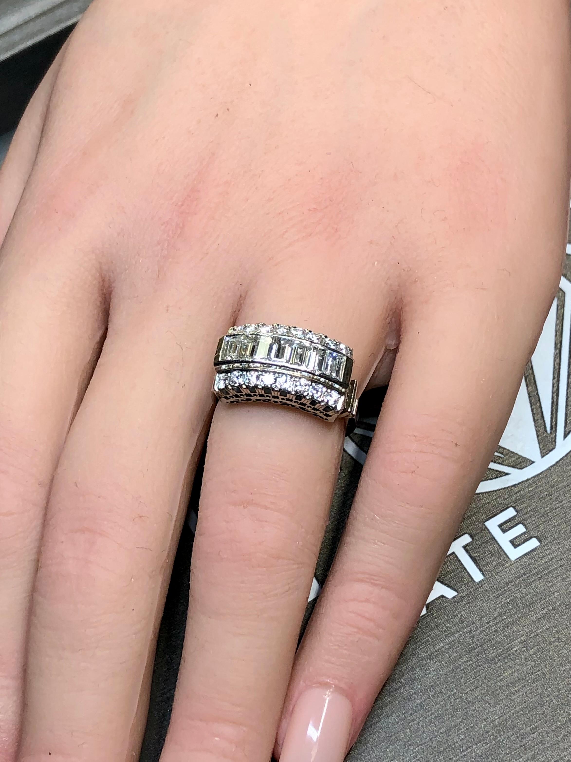 Estate Platinum Baguette Round Diamond 3 Row Cocktail Ring Band G Vs Sz 5.25 For Sale 4