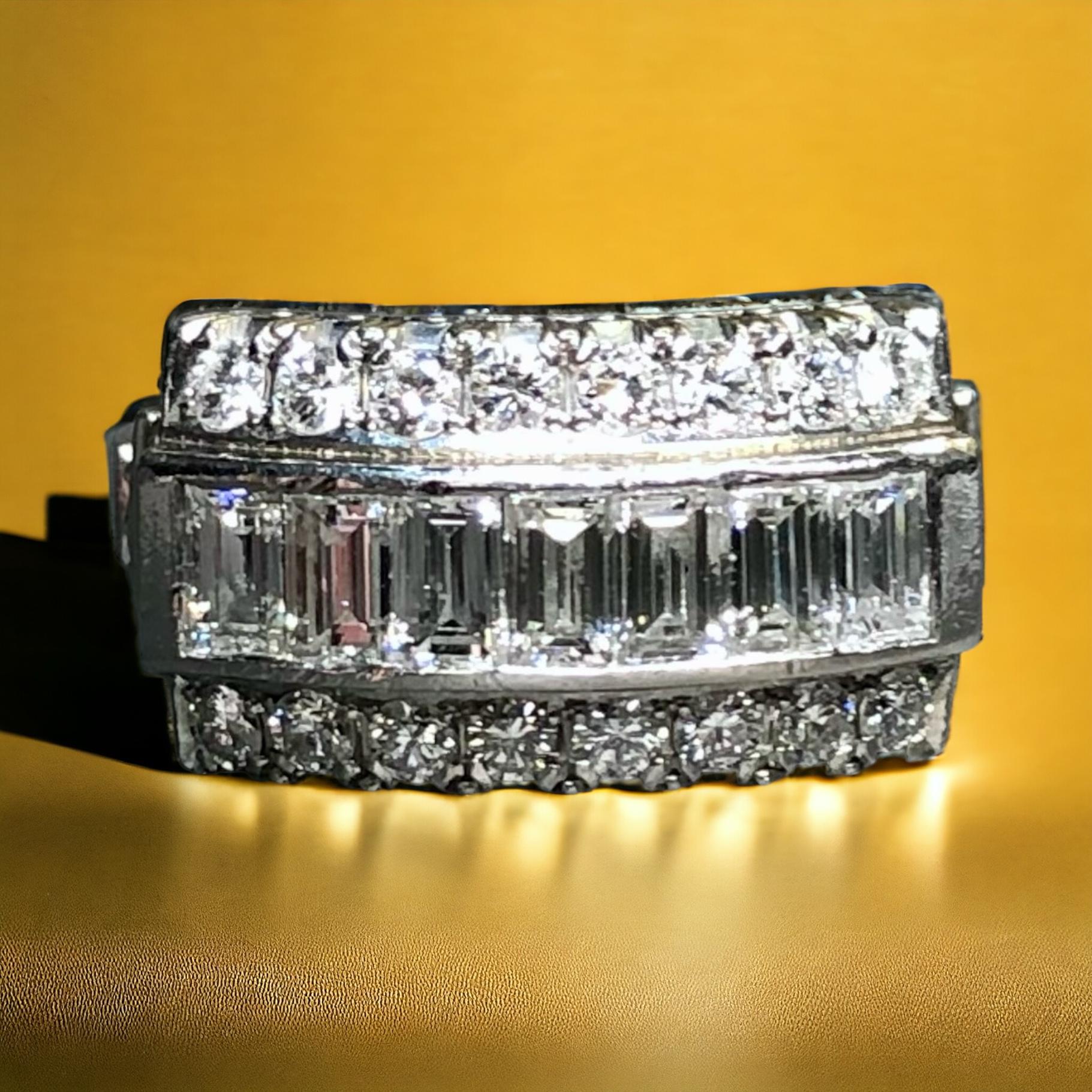 Estate Platinum Baguette Round Diamond 3 Row Cocktail Ring Band G Vs Sz 5.25 For Sale 5