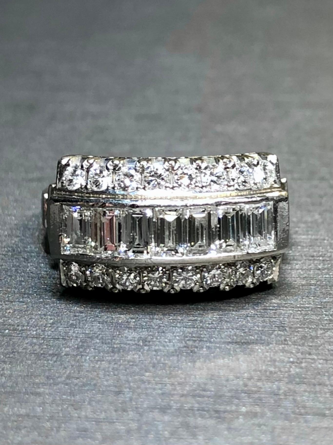 Baguette Cut Estate Platinum Baguette Round Diamond 3 Row Cocktail Ring Band G Vs Sz 5.25 For Sale