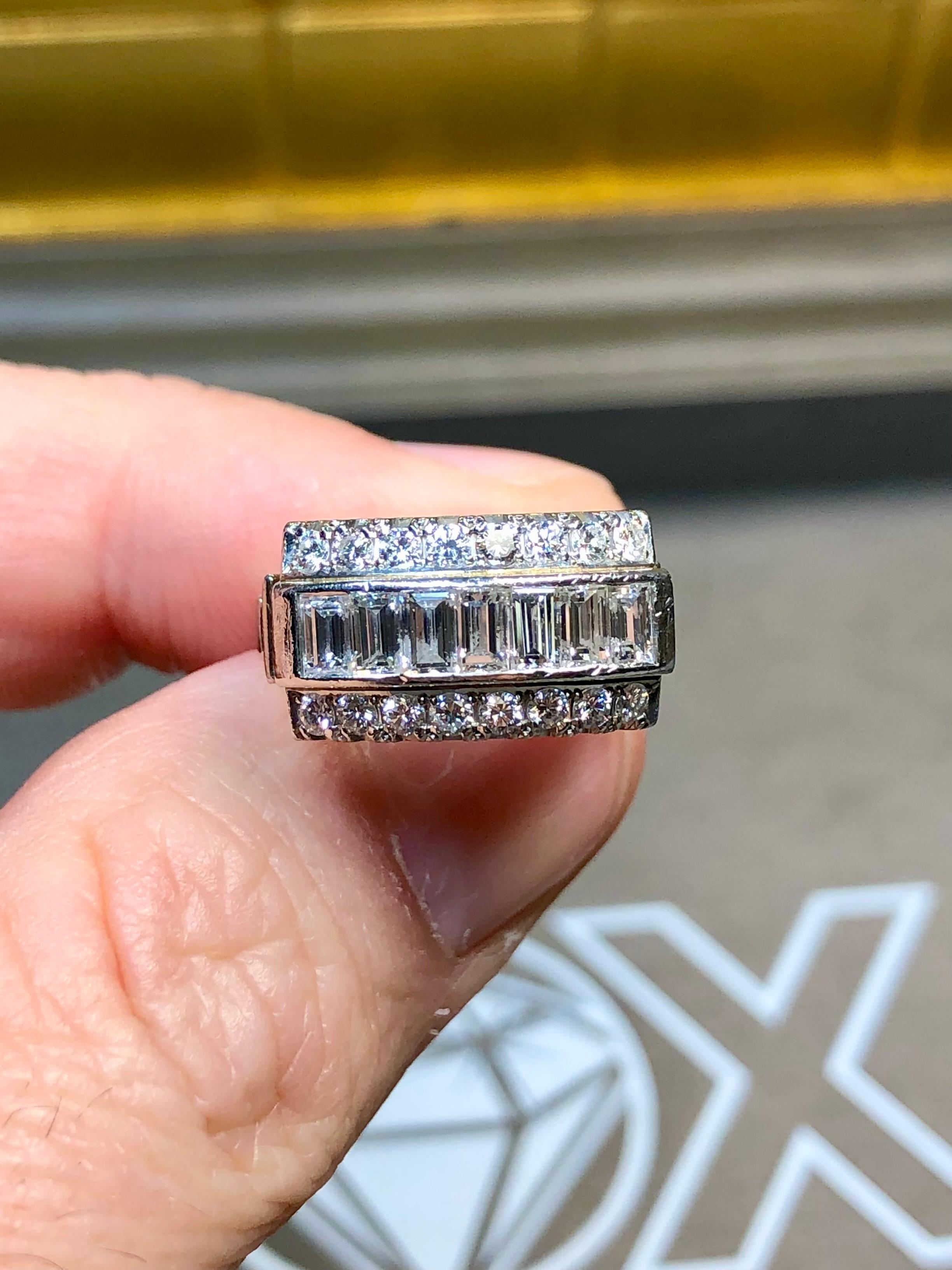 Estate Platinum Baguette Round Diamond 3 Row Cocktail Ring Band G Vs Sz 5.25 In Good Condition For Sale In Winter Springs, FL