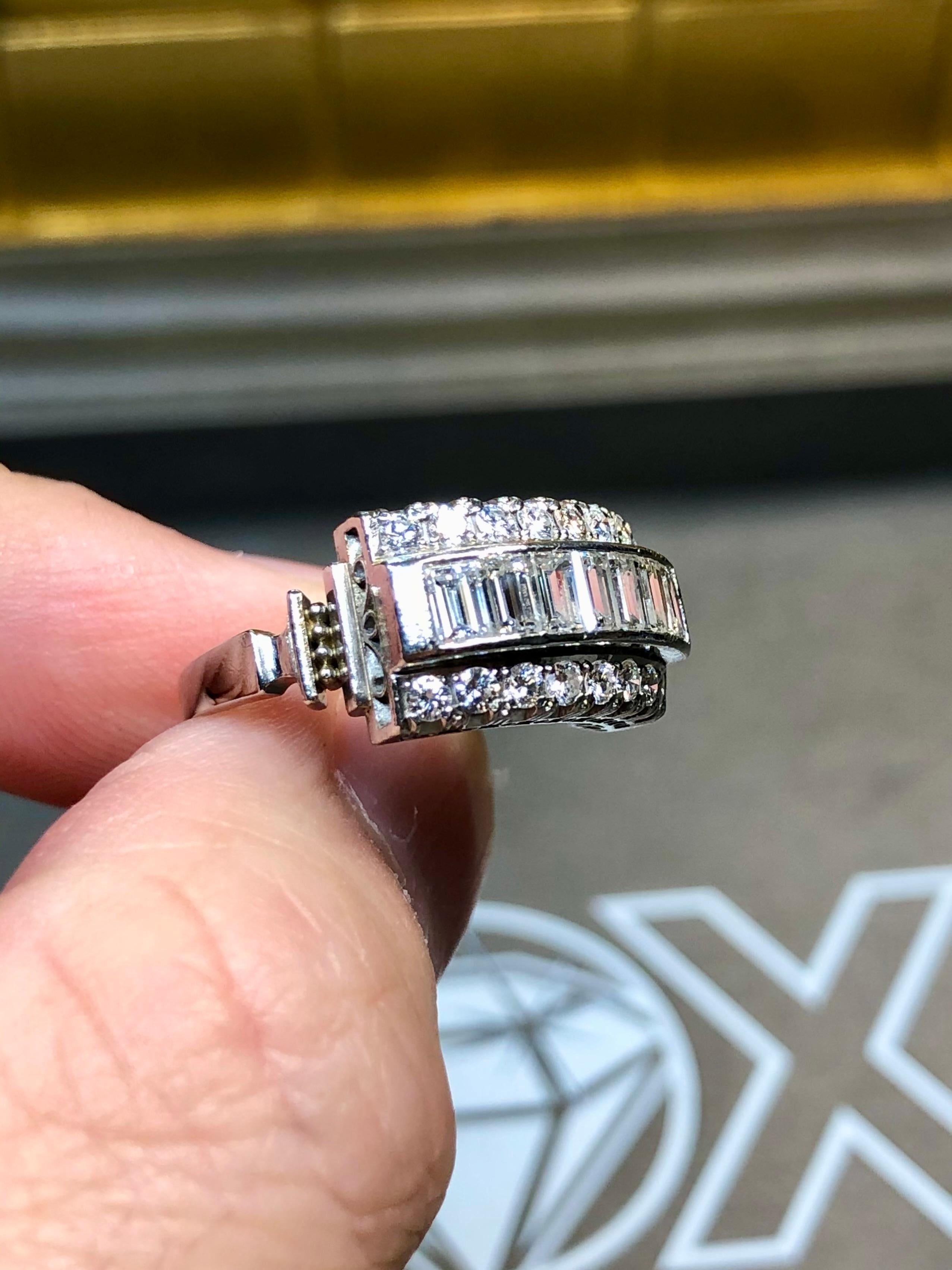 Women's or Men's Estate Platinum Baguette Round Diamond 3 Row Cocktail Ring Band G Vs Sz 5.25 For Sale