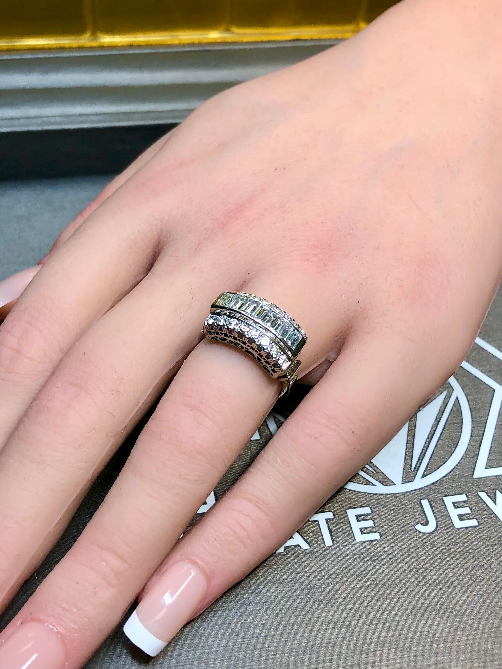 Estate Platinum Baguette Round Diamond 3 Row Cocktail Ring Band G Vs Sz 5.25 For Sale 3