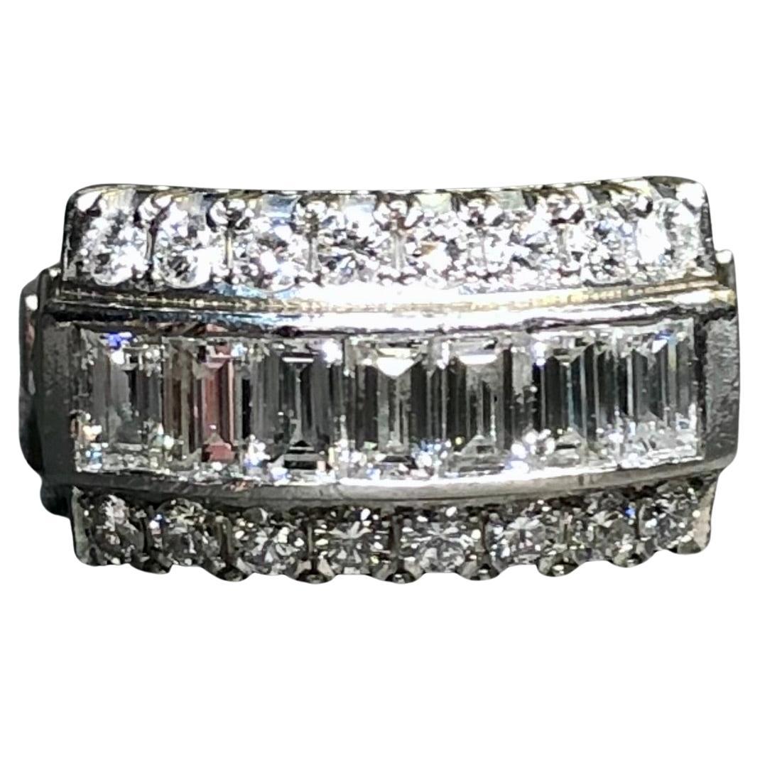 Estate Platinum Baguette Round Diamond 3 Row Cocktail Ring Band G Vs Sz 5.25
