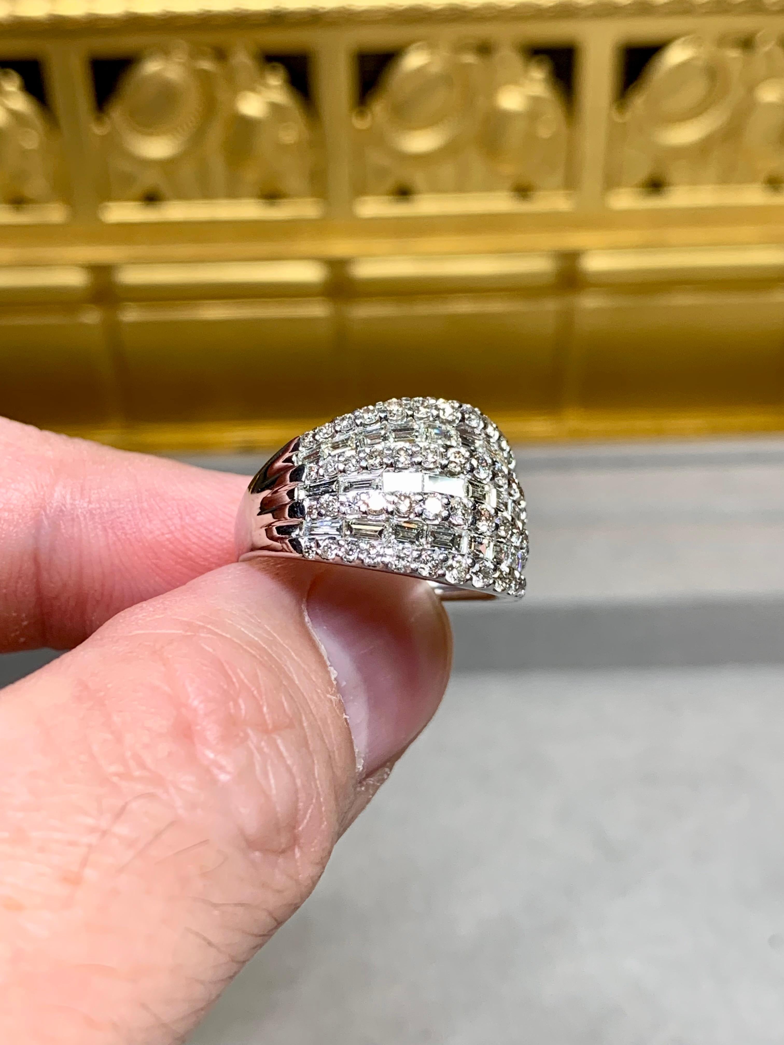 Women's or Men's Estate Platinum Baguette Round Diamond 7 Row Wide Cocktail Ring Sz 7 For Sale