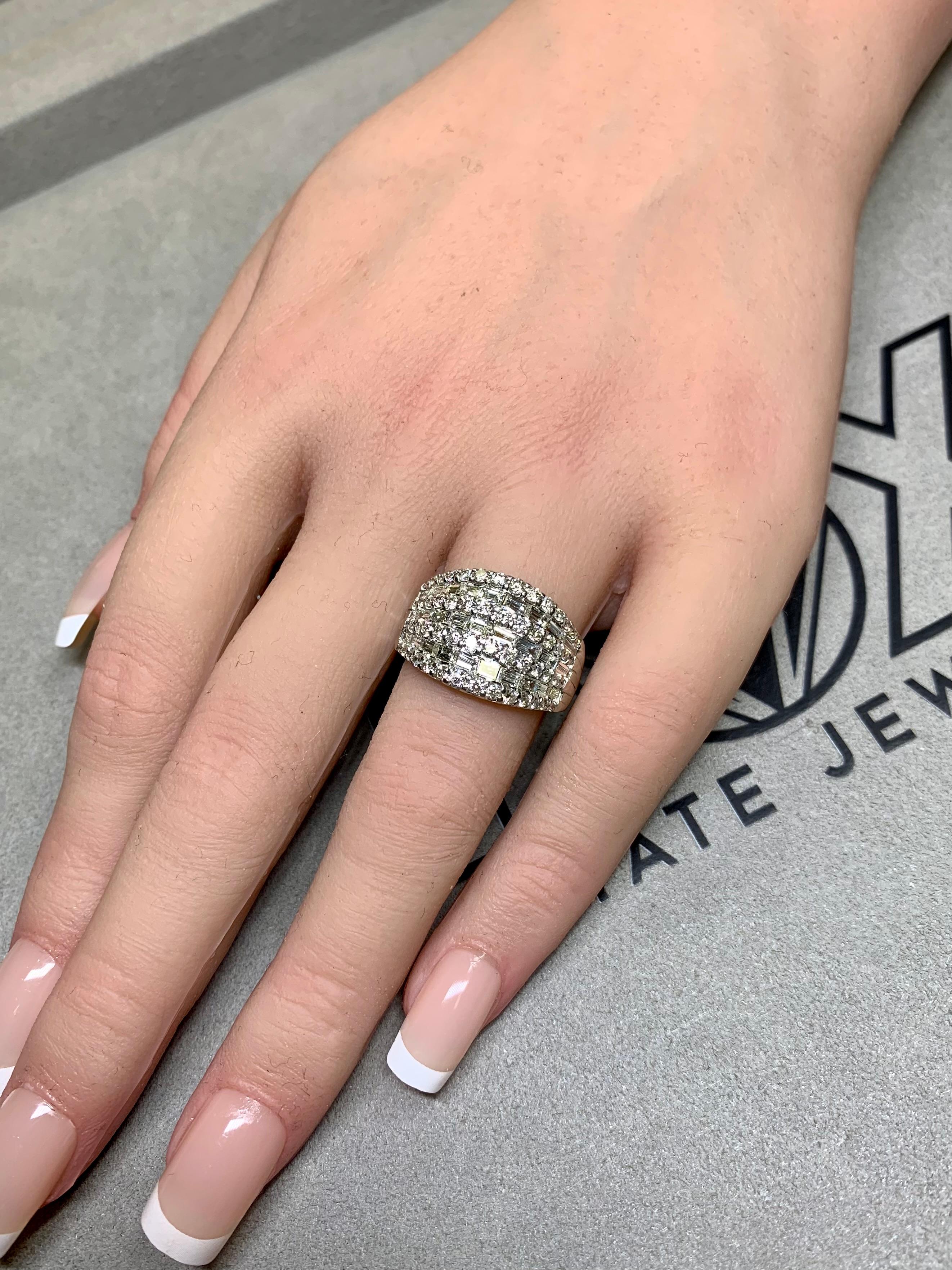 Estate Platinum Baguette Round Diamond 7 Row Wide Cocktail Ring Sz 7 For Sale 1