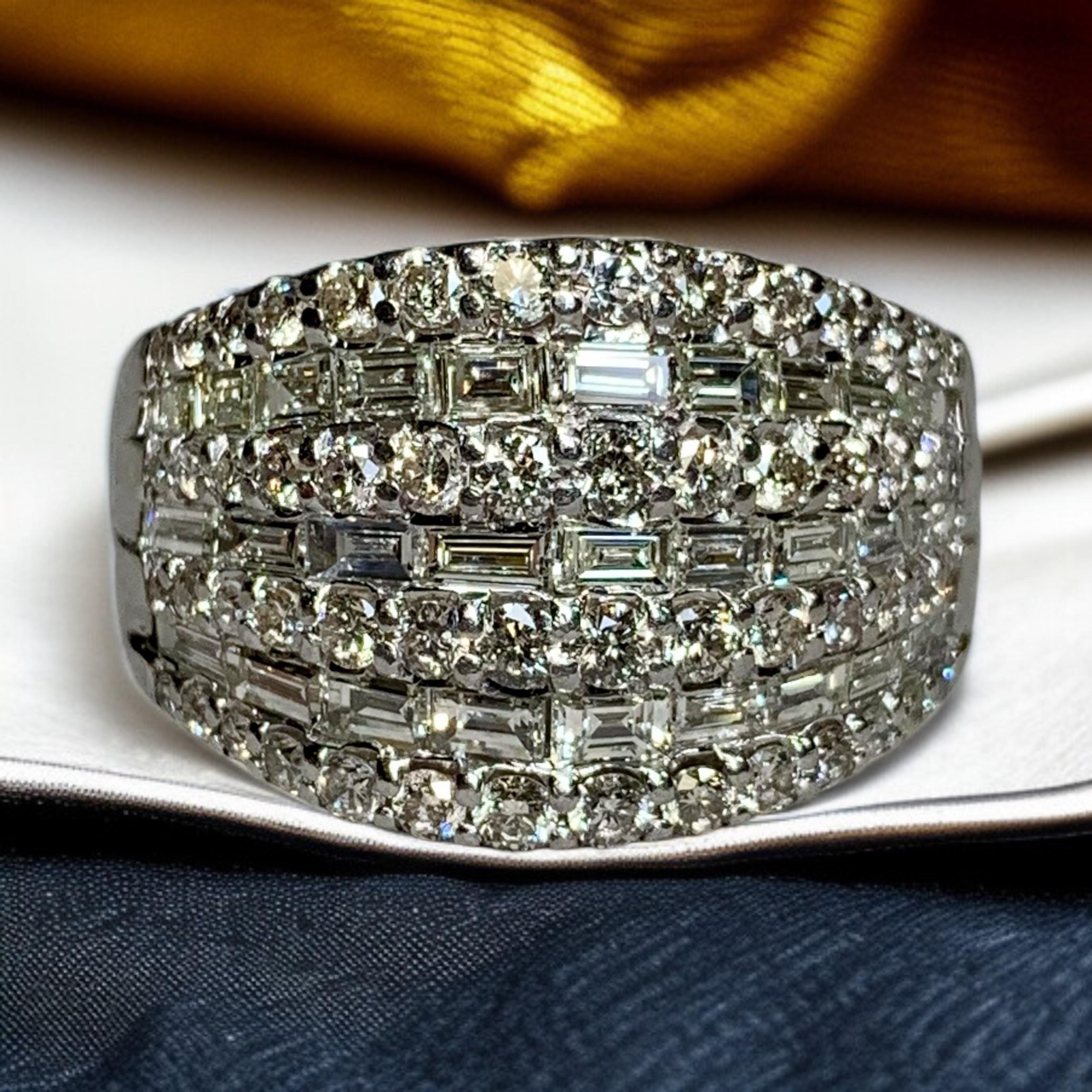Estate Platinum Baguette Round Diamond 7 Row Wide Cocktail Ring Sz 7 For Sale 2