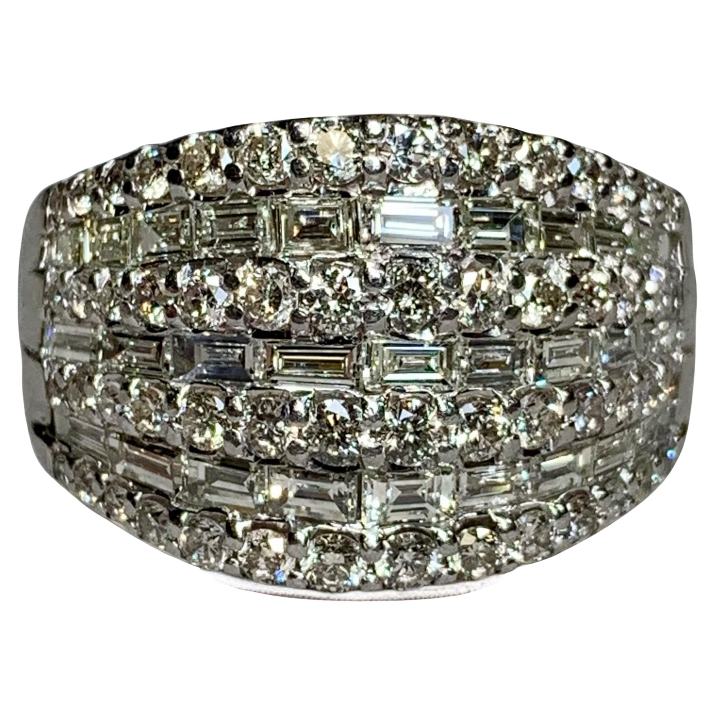 Estate Platinum Baguette Round Diamond 7 Row Wide Cocktail Ring Sz 7 For Sale
