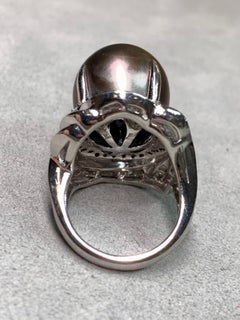 Estate Platinum Baguette Round Diamond Large Tabitian Pearl Cocktail Ring 16.7mm