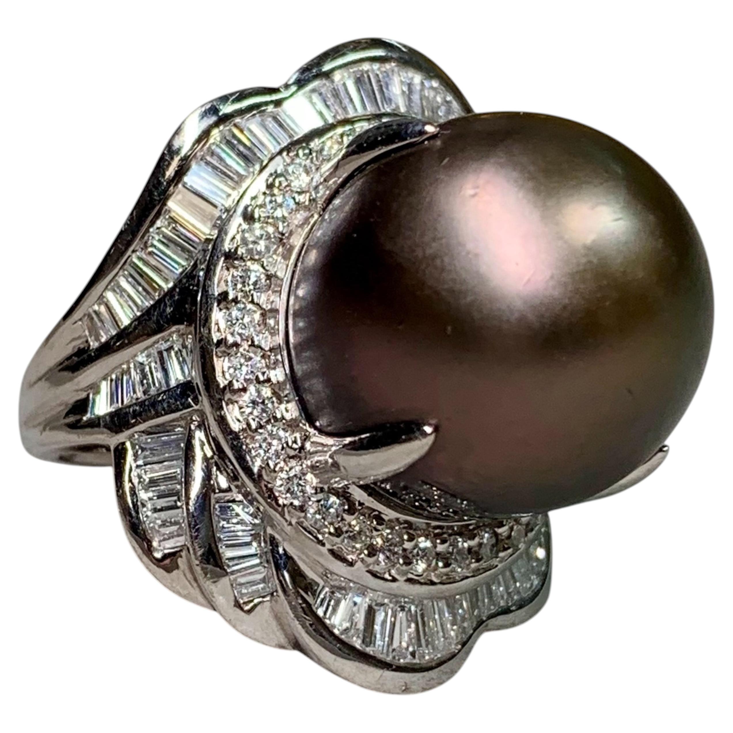 Estate Platin Baguette Runde Diamant große Tabitian Perle Cocktail Ring 16,7mm