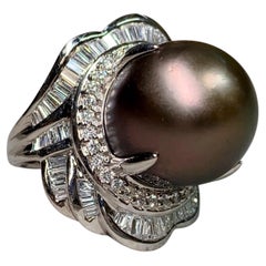 Estate Platinum Baguette Round Diamond Large Tabitian Pearl Cocktail Ring 16.7mm