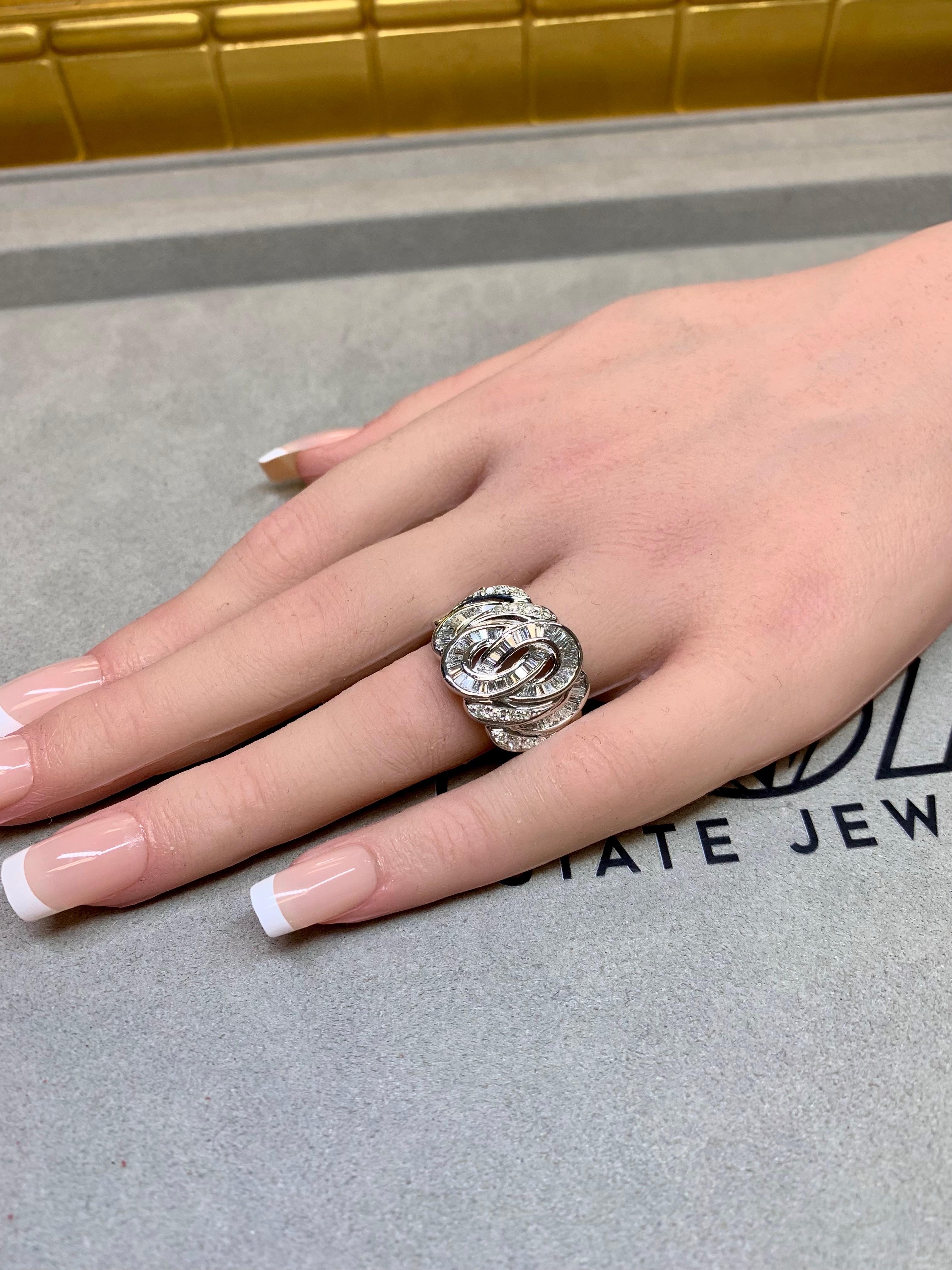 Estate Platino Baguette Ronda Diamante Remolino Anillo de Cóctel Pesado Sz 10.5 en venta 3