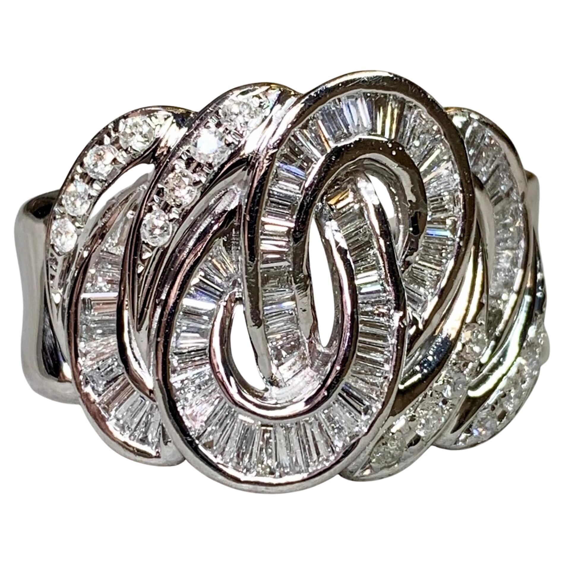Estate Platino Baguette Ronda Diamante Remolino Anillo de Cóctel Pesado Sz 10.5 en venta