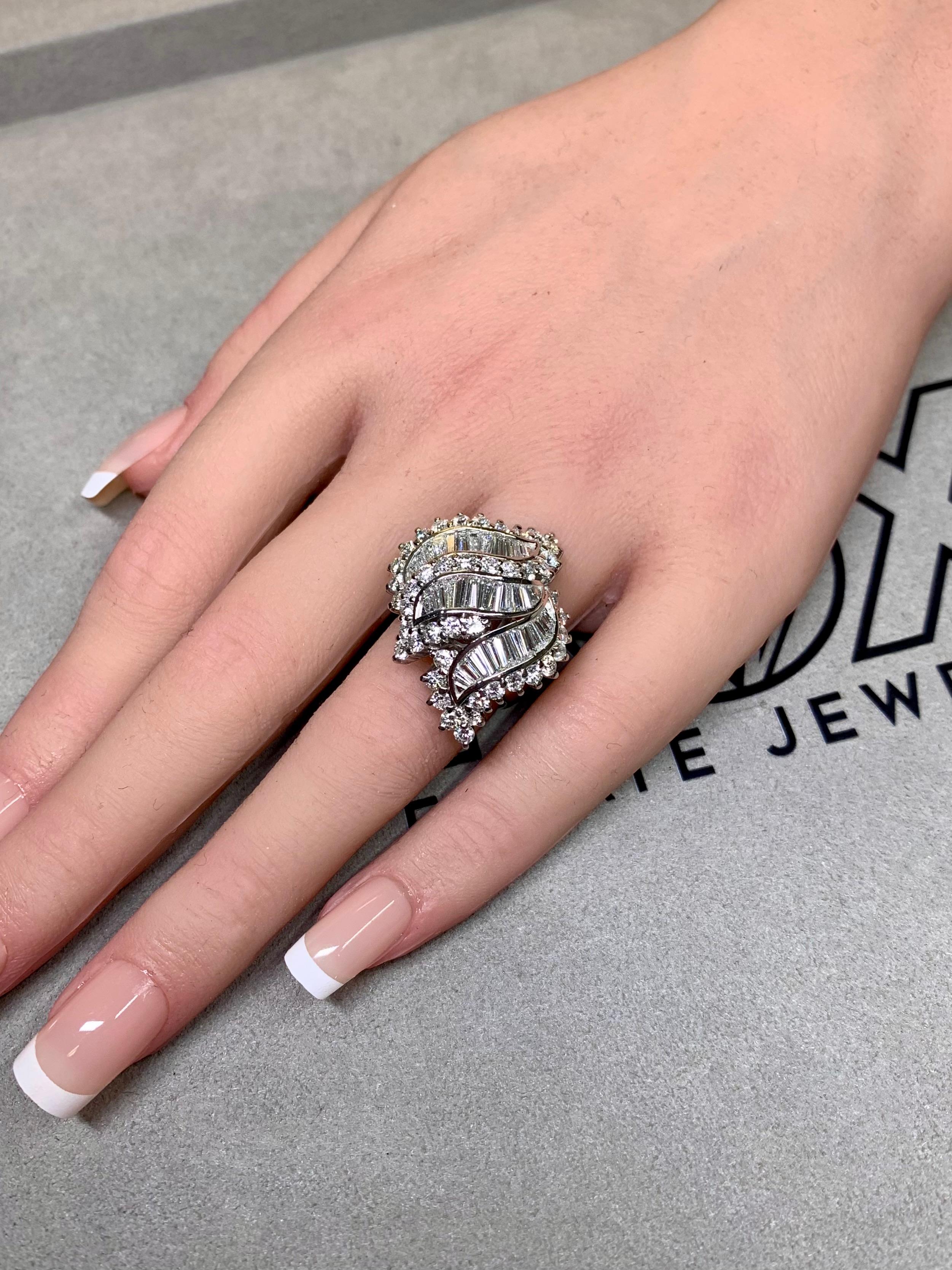 Estate Platinum Baguette Round Diamond Wave Cluster Heavy Cocktail Ring 5ctw en vente 4