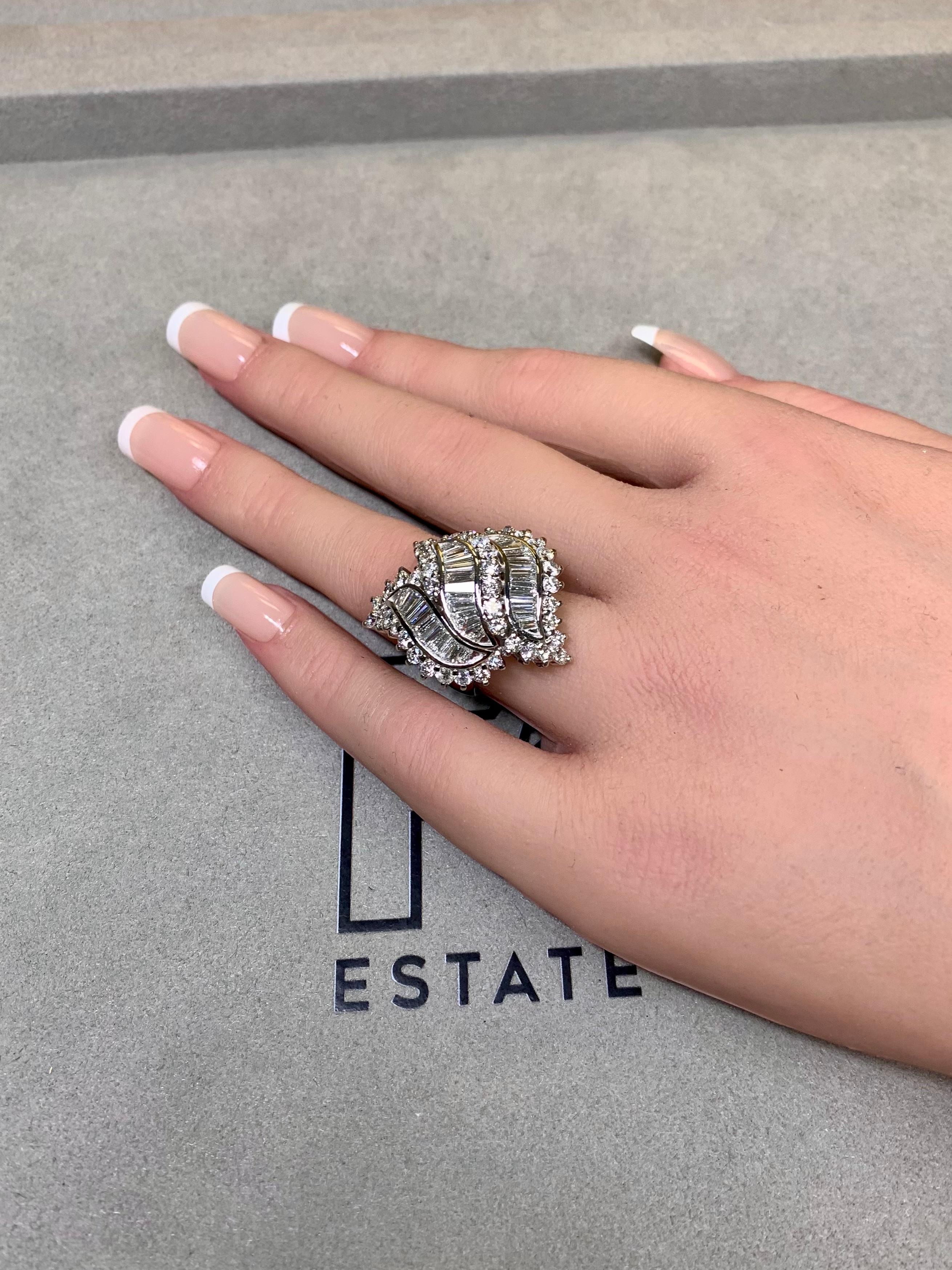 Estate Platinum Baguette Round Diamond Wave Cluster Heavy Cocktail Ring 5ctw en vente 5