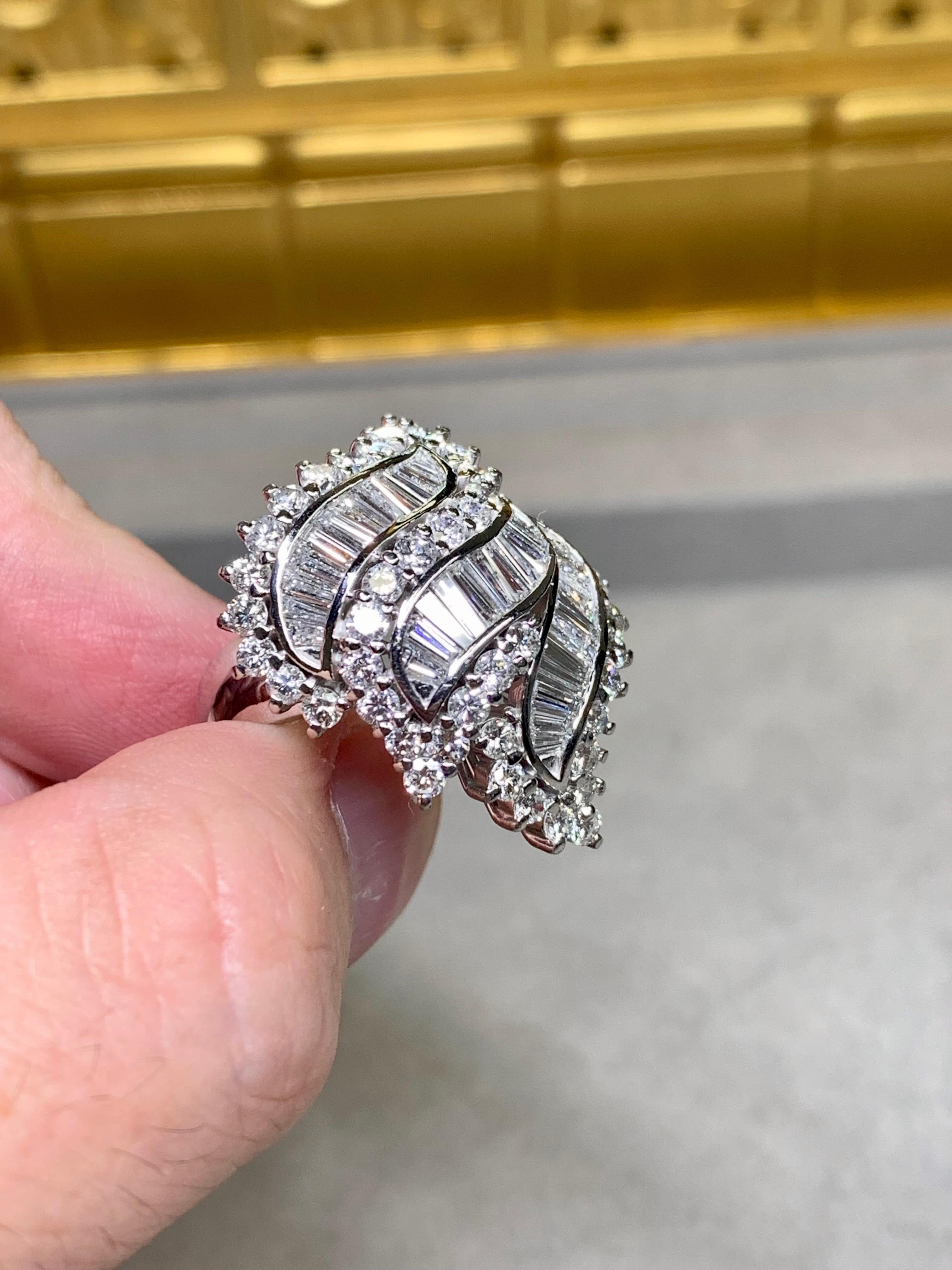 Estate Platinum Baguette Round Diamond Wave Cluster Heavy Cocktail Ring 5ctw en vente 1