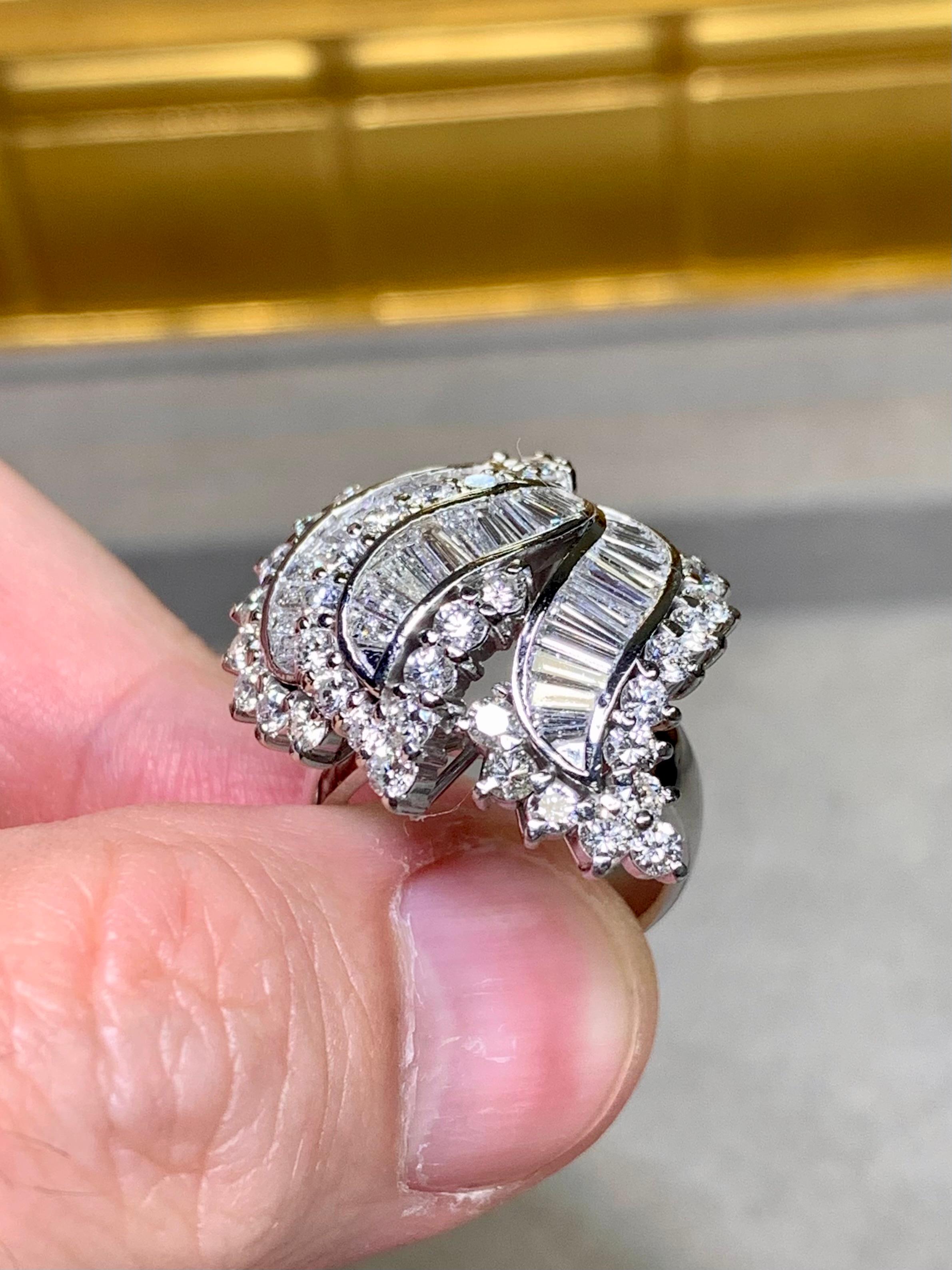 Estate Platinum Baguette Round Diamond Wave Cluster Heavy Cocktail Ring 5ctw en vente 2