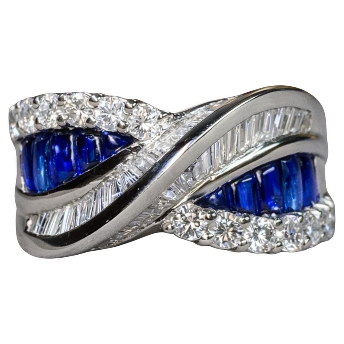 Estate Platinum Bufftop Sapphire Diamond Crossover Bypass Cocktail Ring 6.50ctw