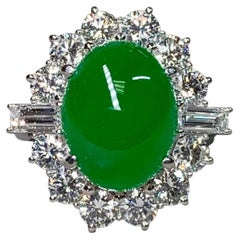 Estate Platinum Burmese “A” Jade Cabochon Baguette Round Diamond Ring 9.08ctw