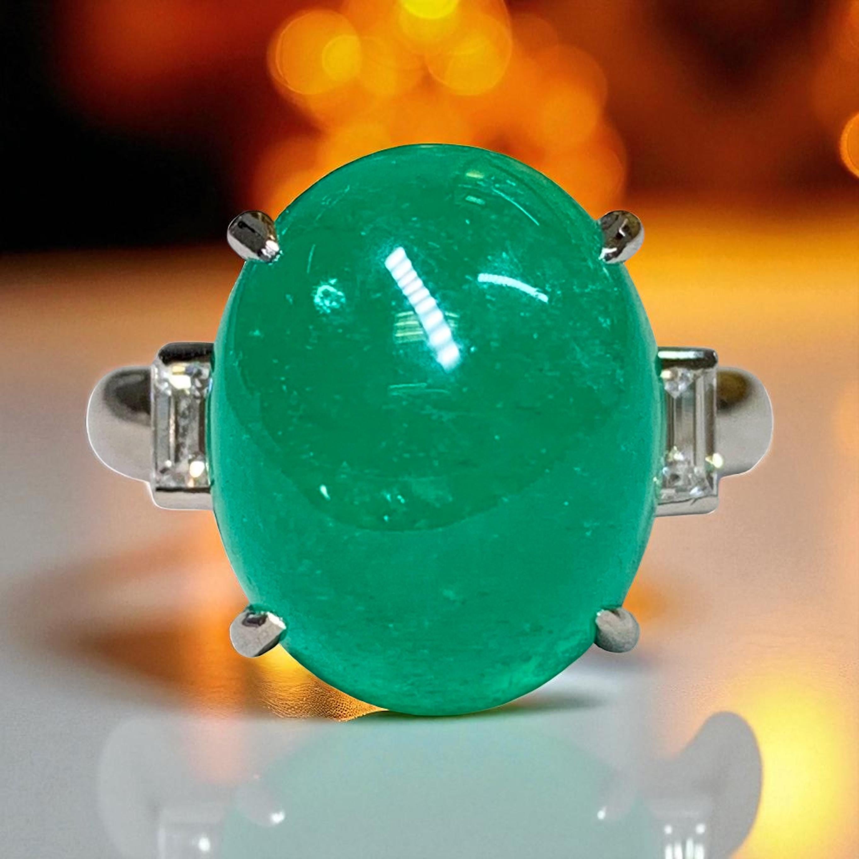 Estate Platinum Cabochon Emerald Baguette Diamond 3 Stone Cocktail Ring 11.83ctw For Sale 5