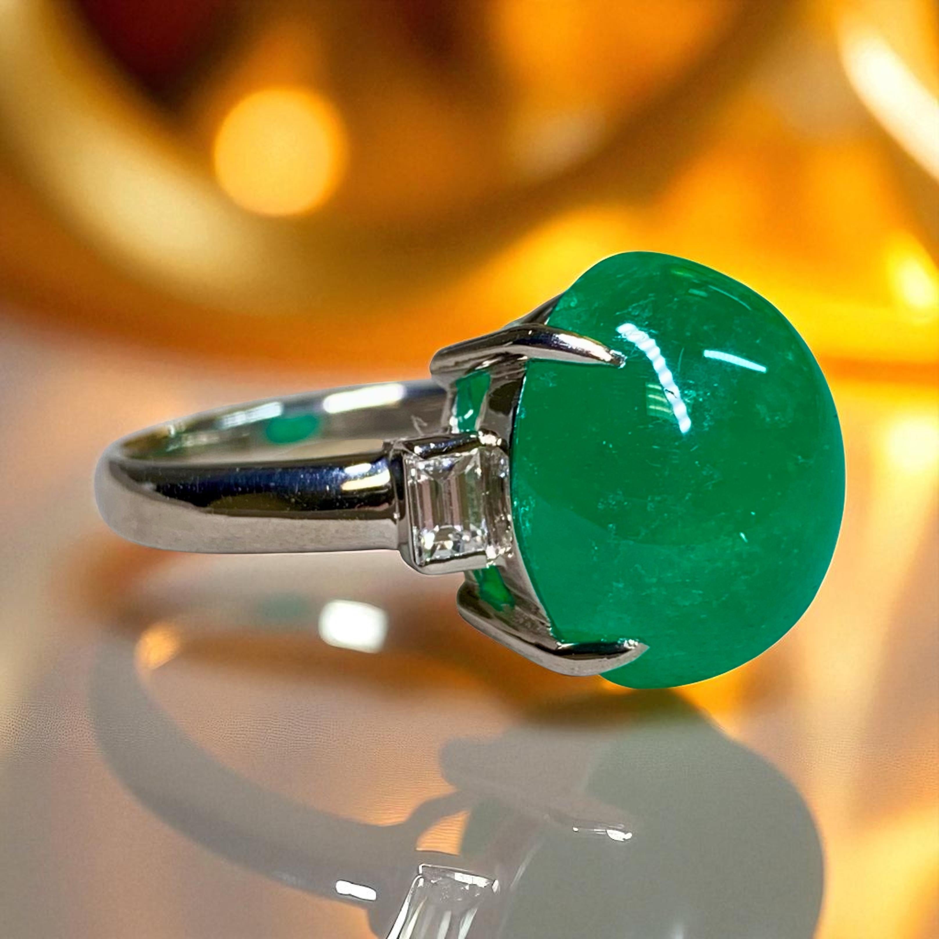 Estate Platinum Cabochon Emerald Baguette Diamond 3 Stone Cocktail Ring 11.83ctw For Sale 6