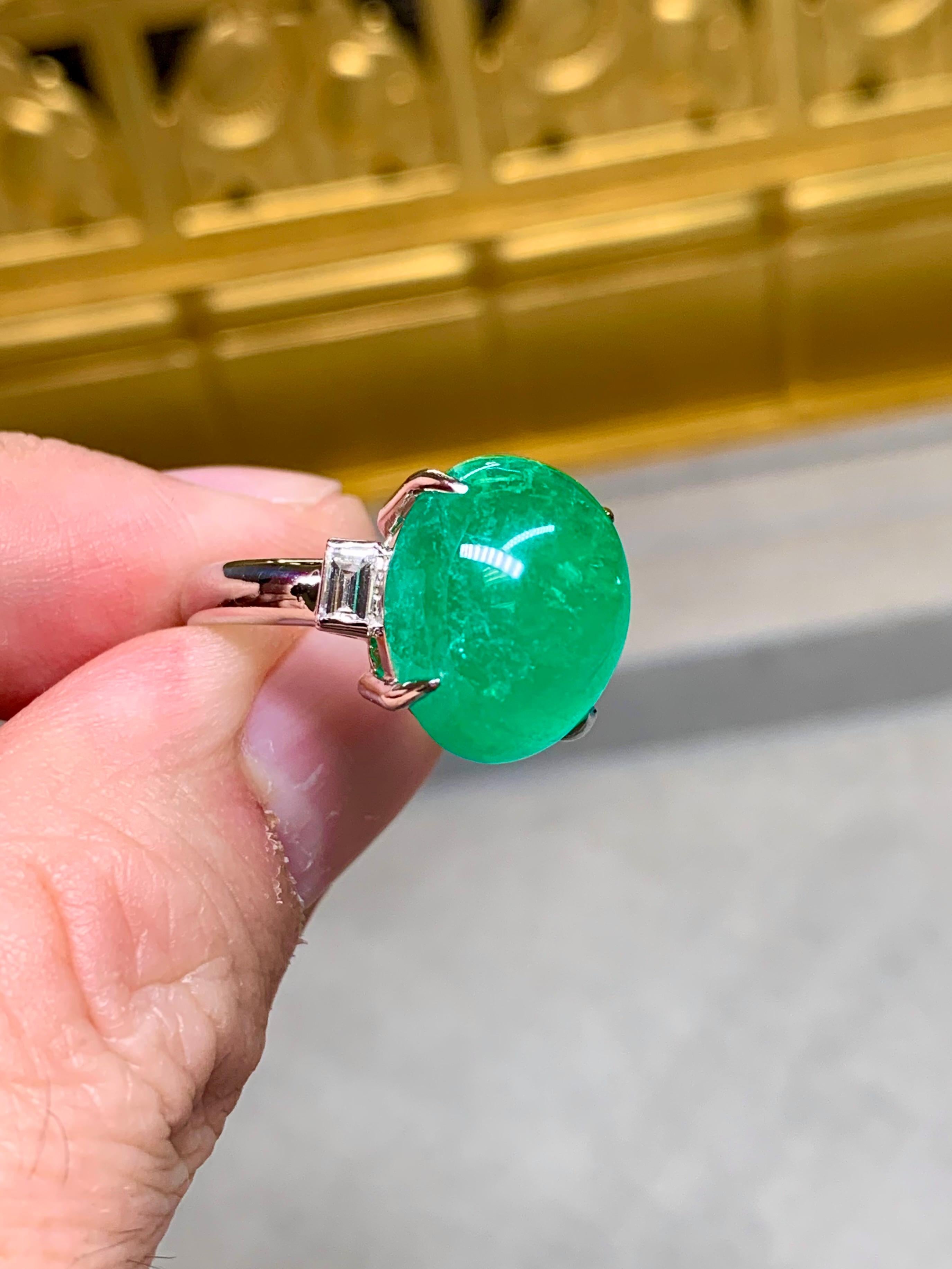 Women's or Men's Estate Platinum Cabochon Emerald Baguette Diamond 3 Stone Cocktail Ring 11.83ctw For Sale