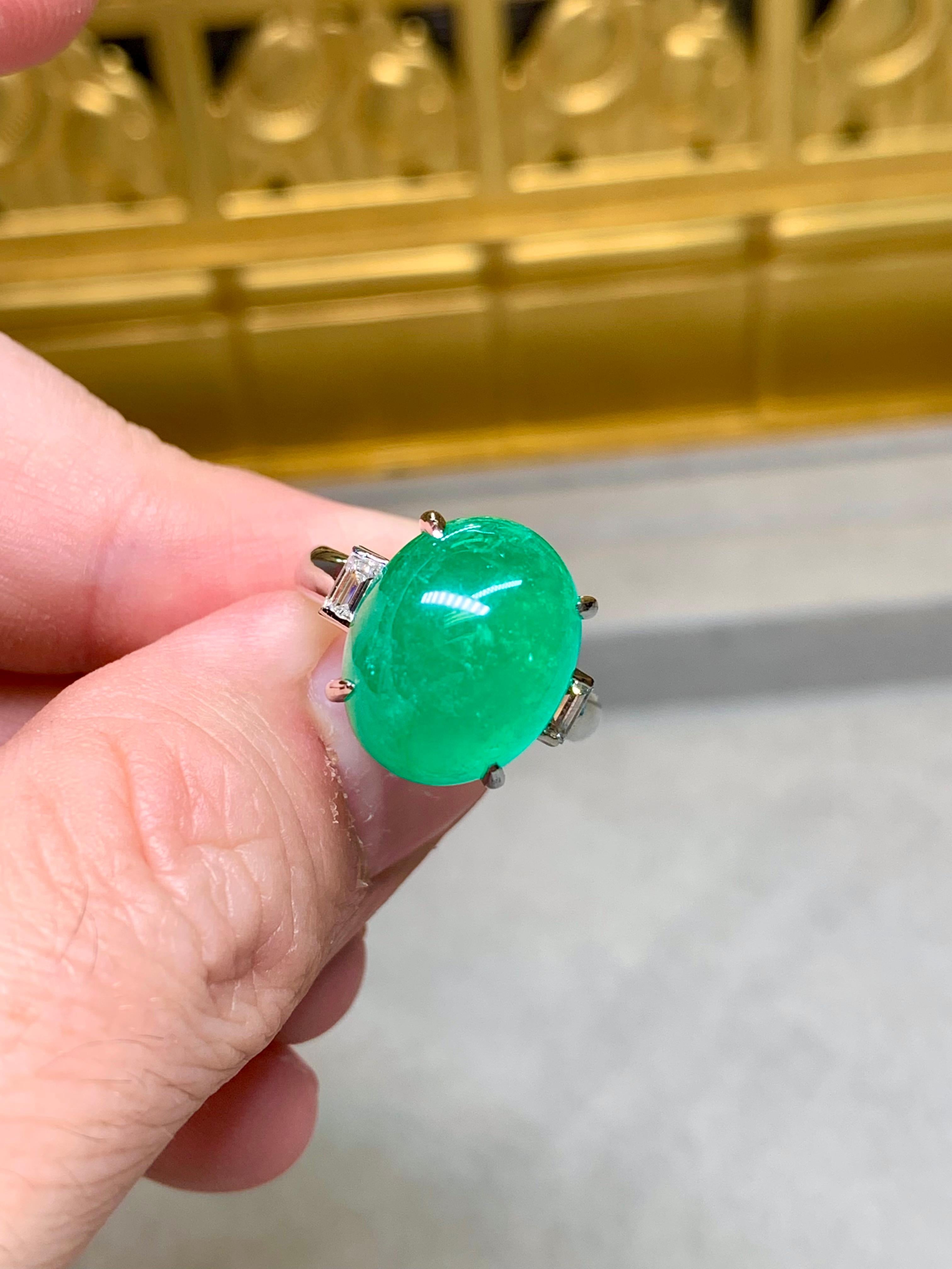 Estate Platinum Cabochon Emerald Baguette Diamond 3 Stone Cocktail Ring 11.83ctw For Sale 1