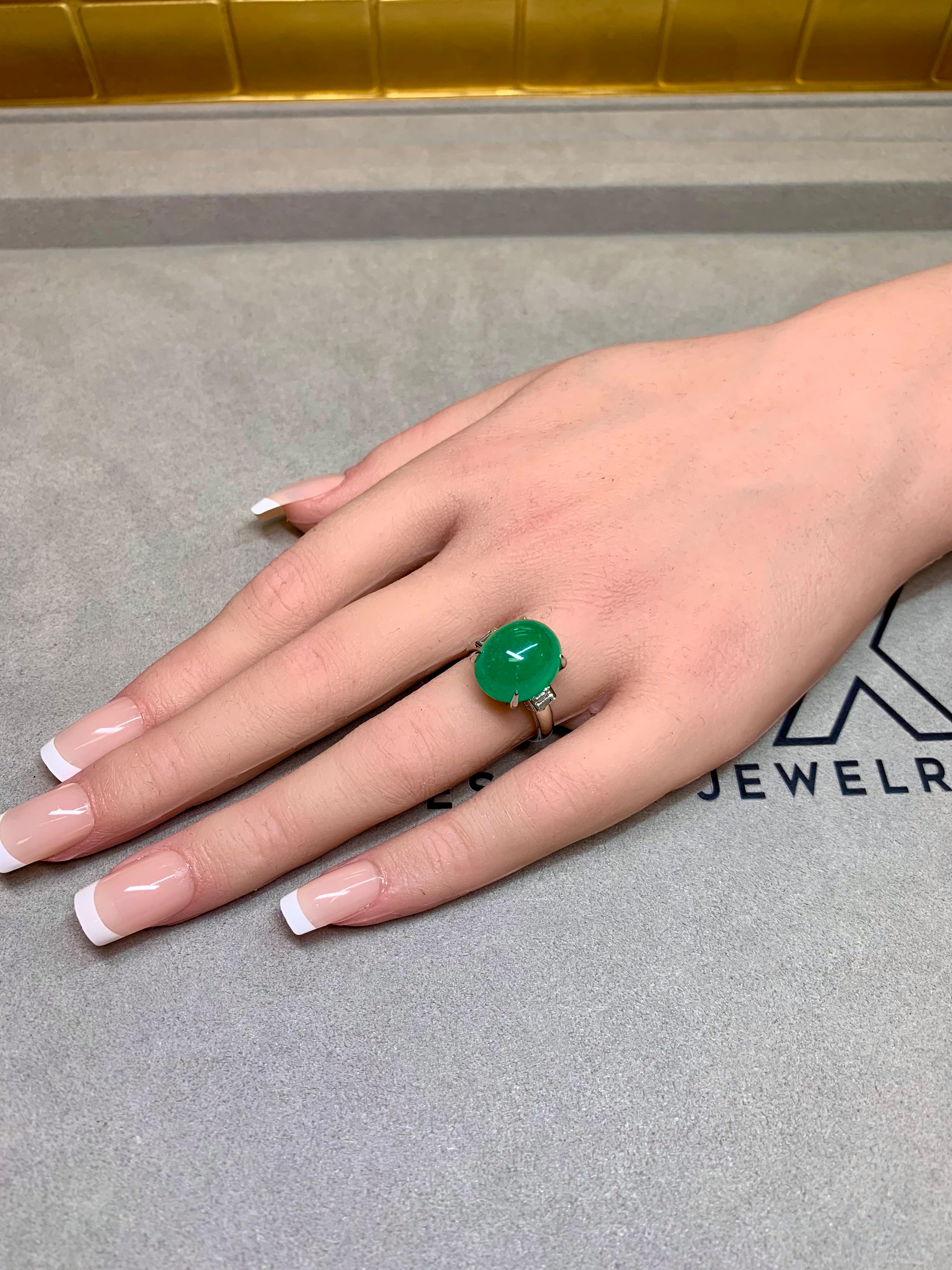 Estate Platinum Cabochon Emerald Baguette Diamond 3 Stone Cocktail Ring 11.83ctw For Sale 2