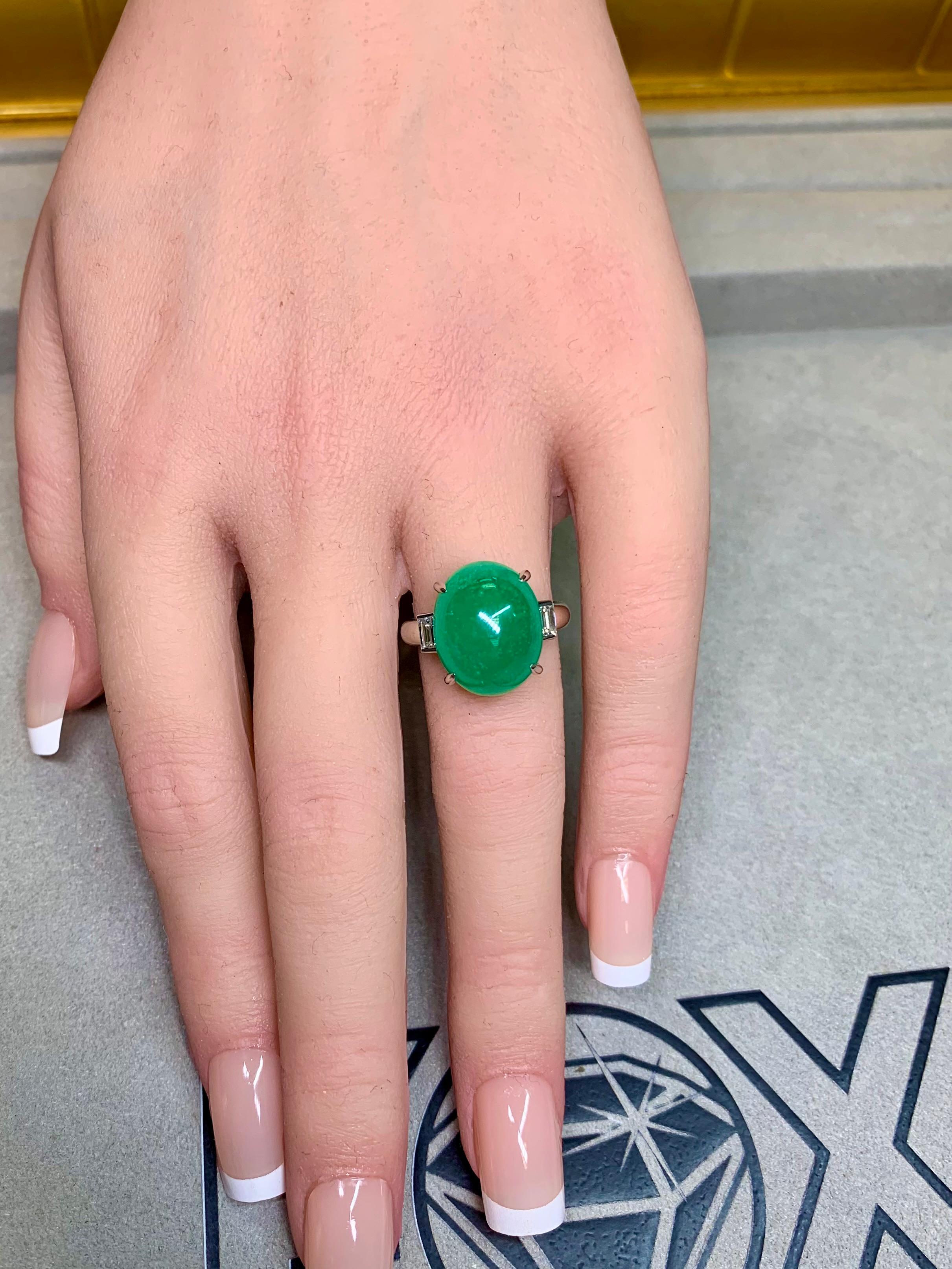 Estate Platinum Cabochon Emerald Baguette Diamond 3 Stone Cocktail Ring 11.83ctw For Sale 4