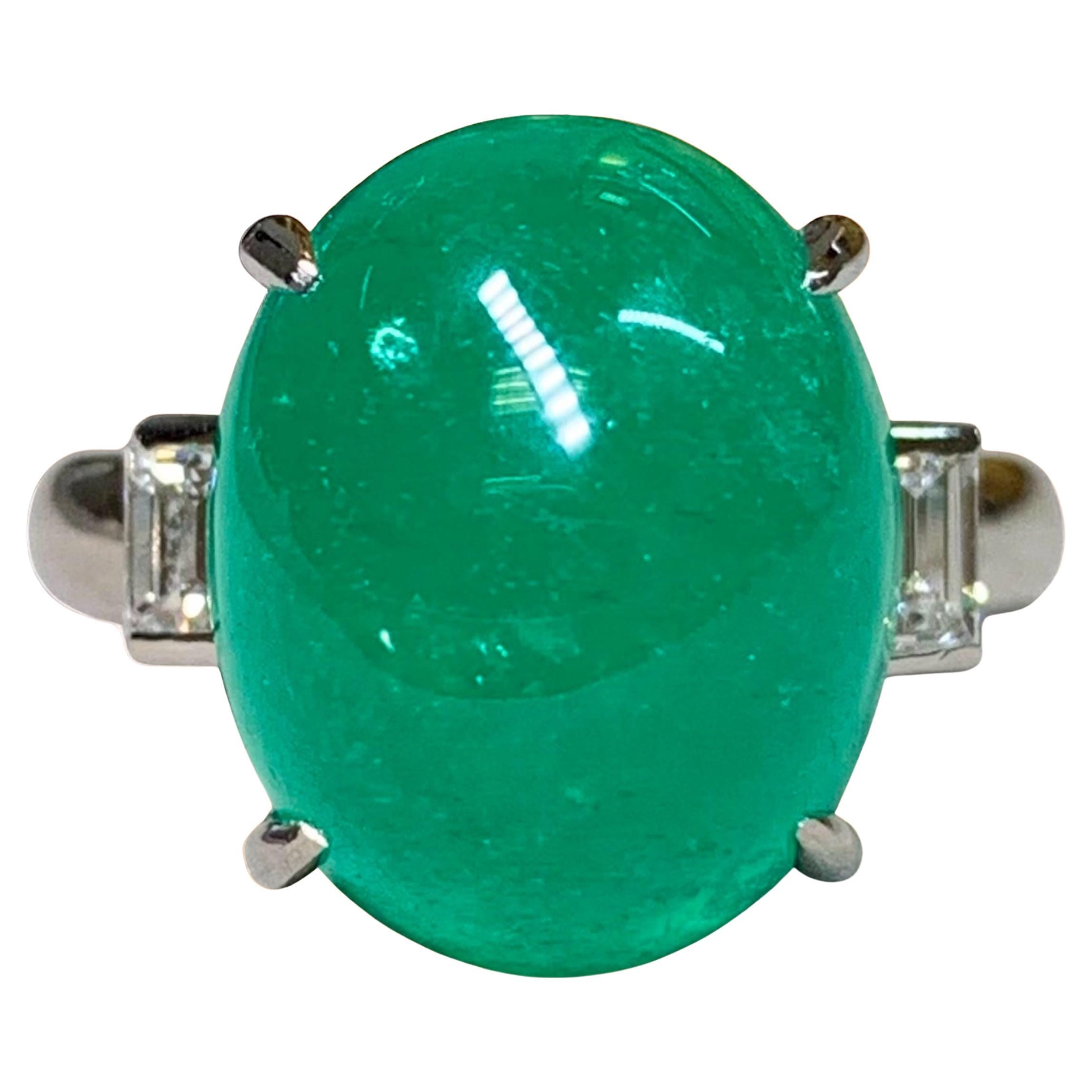 Estate Platinum Cabochon Emerald Baguette Diamond 3 Stone Cocktail Ring 11.83ctw For Sale