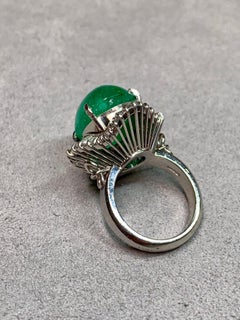 Estate Platinum Cabochon Emerald Baguette Diamond Ballerina Cocktail Ring
