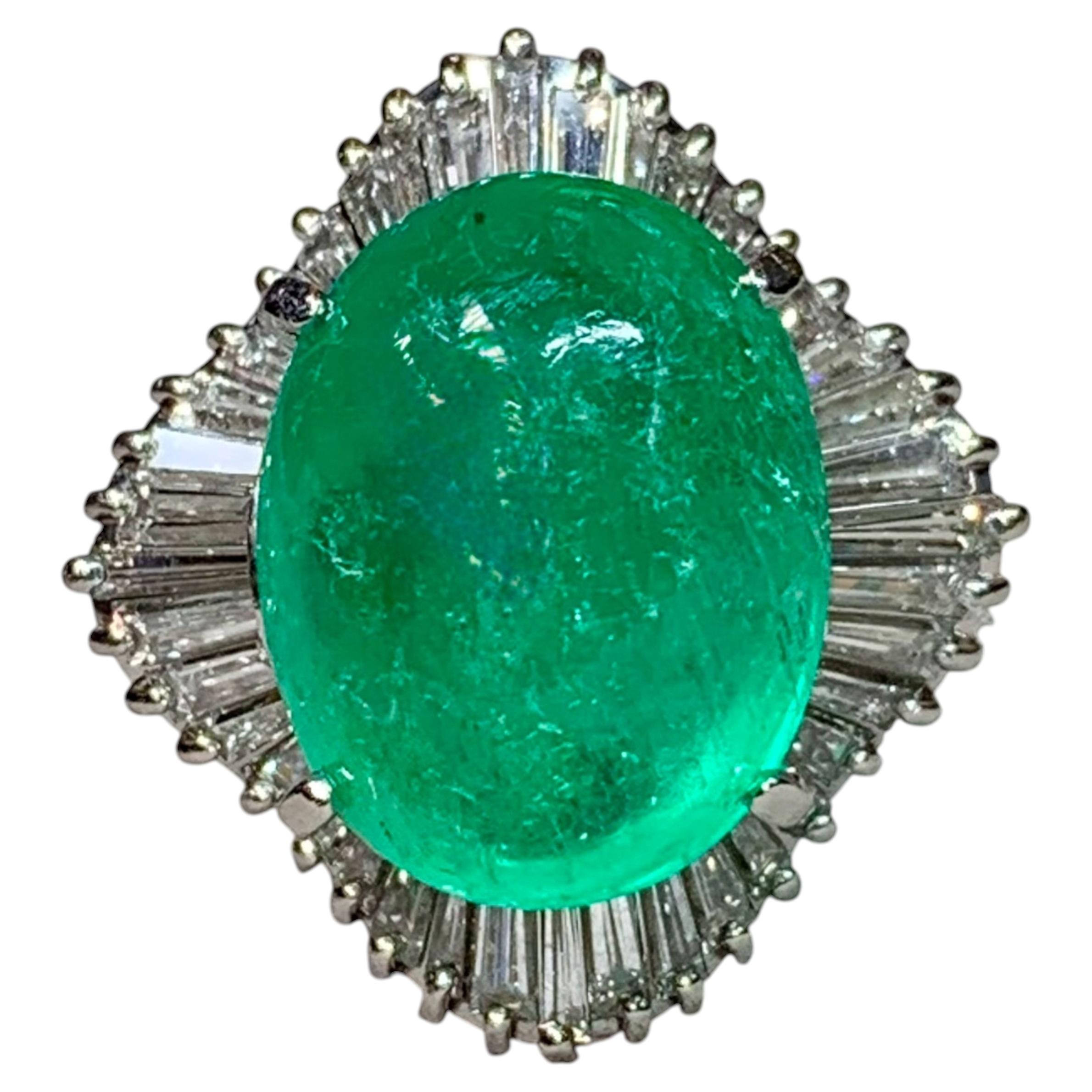 Estate Platinum Cabochon Emerald Baguette Diamond Ballerina Cocktail Ring