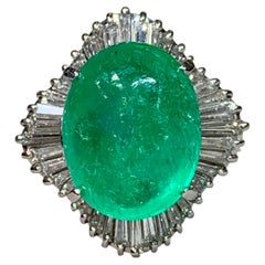 Estate Platinum Cabochon Emerald Baguette Diamond Ballerina Cocktail Ring