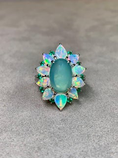 Estate Platinum Cabochon Green & Australian Opal Emerald Cocktail Ring 20.52ctw