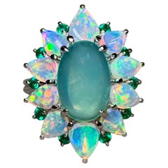 Estate Platinum Cabochon Green & Australian Opal Emerald Cocktail Ring 20.52ctw