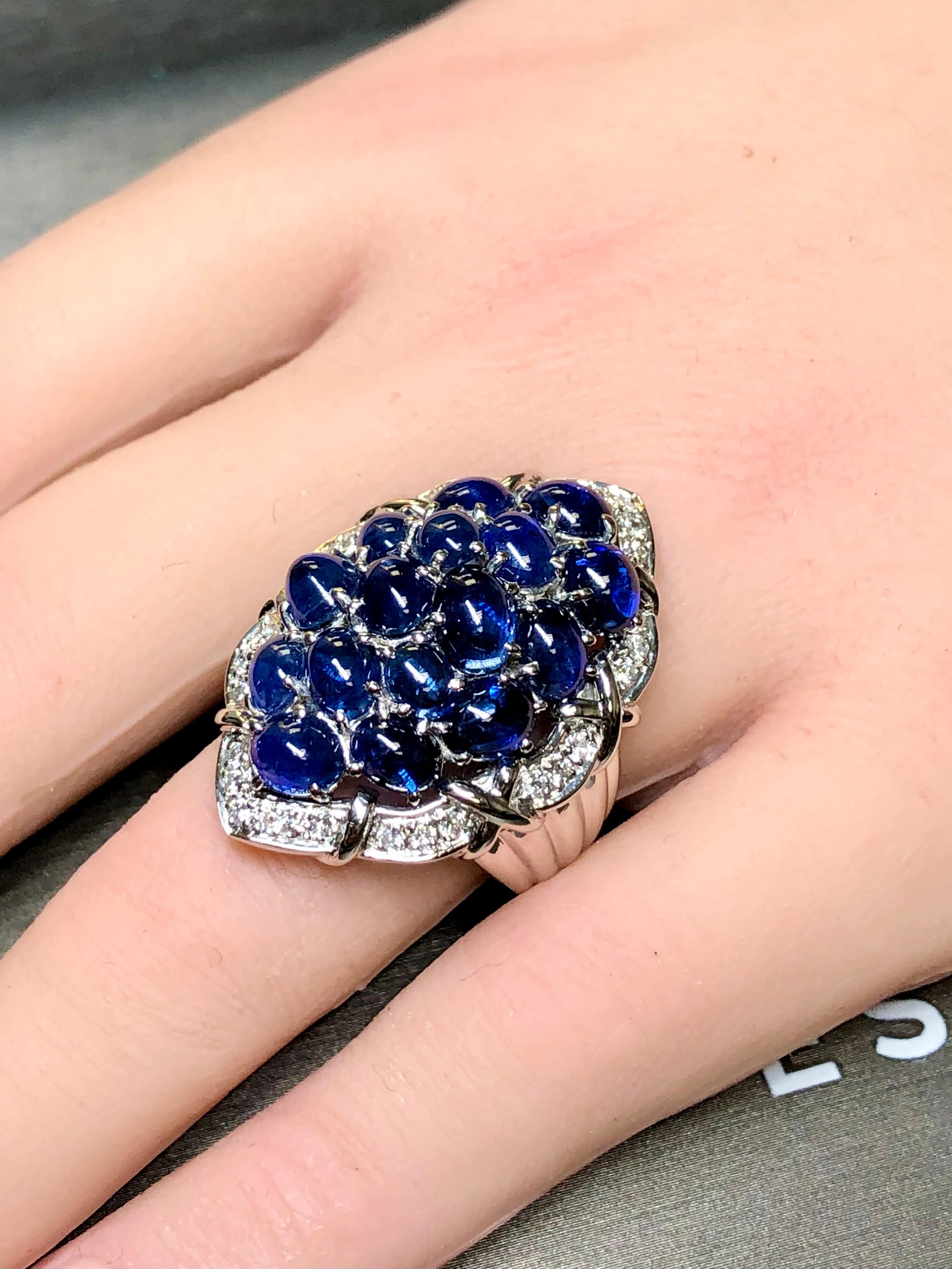 Estate Platinum Cabochon Sapphire Diamond Large Cluster Cocktail Ring 12ctw Sz 7 For Sale 5